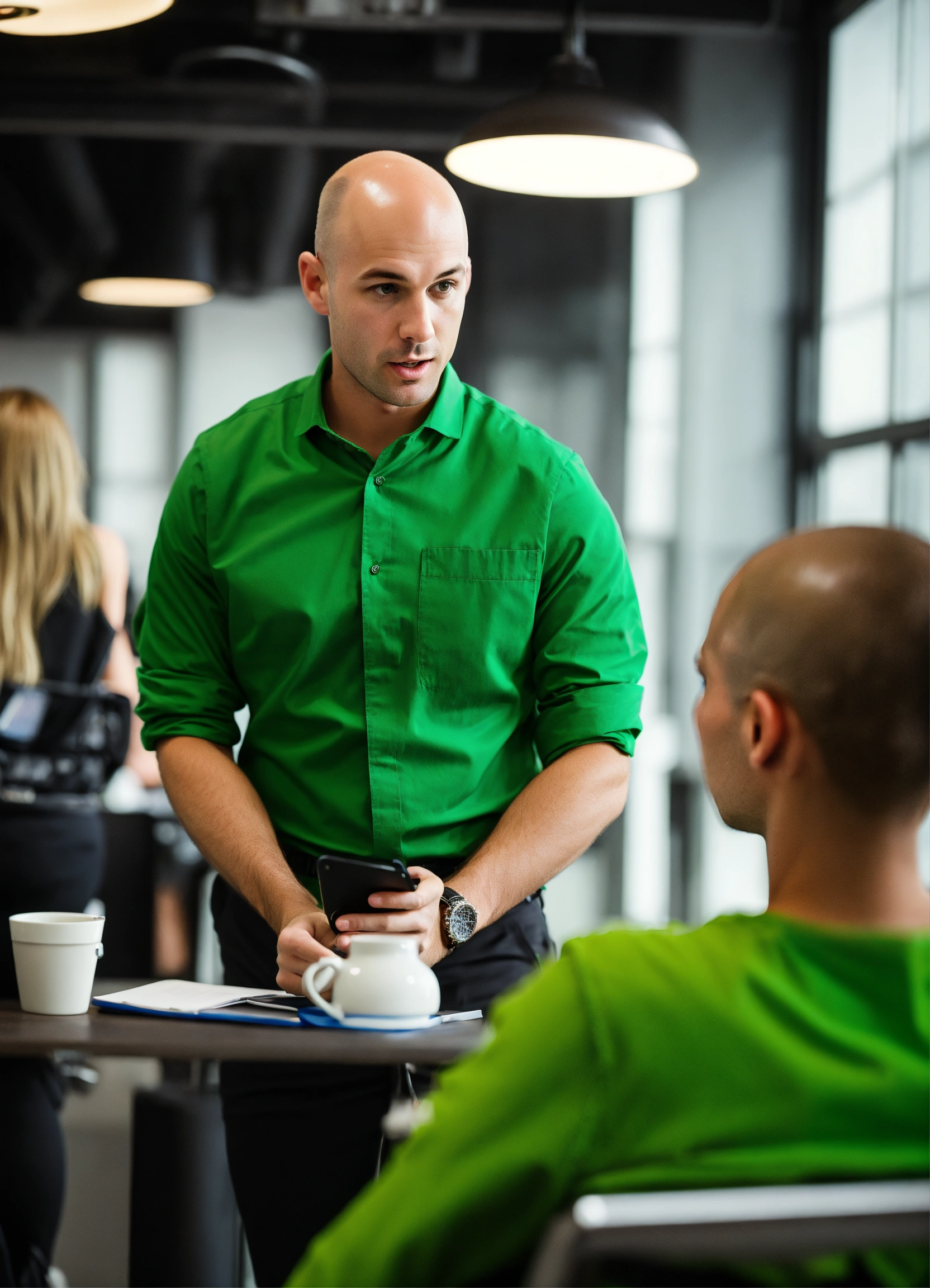 Lexica Bald marketing guy gives briefing to young female interns