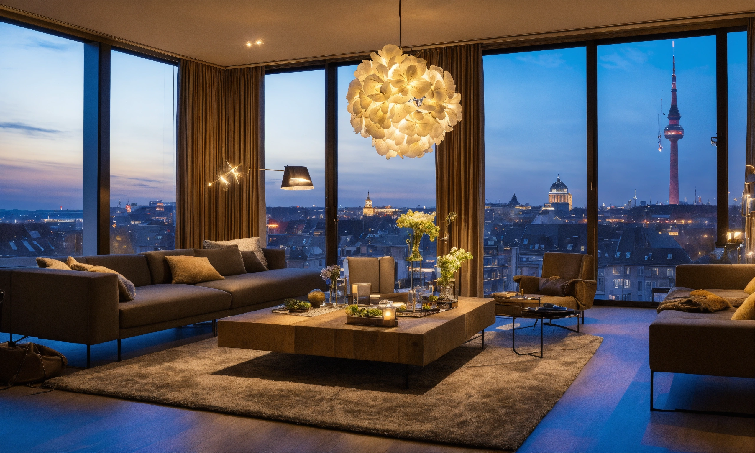 Lexica - Foto von einem luxuriösen Penthouse mit raumhohen Fenstern ...