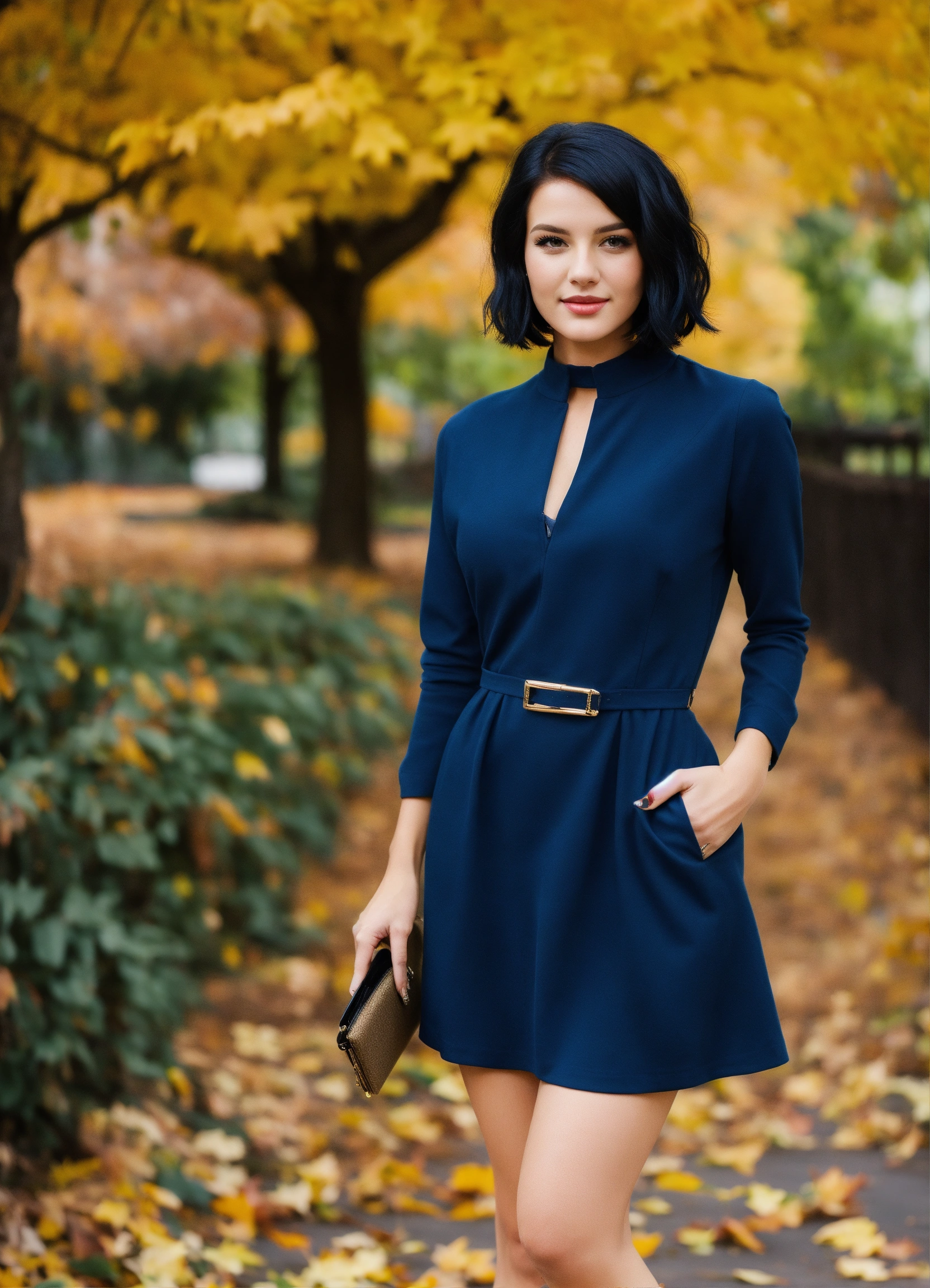 Lexica - Beautiful white woman with black bob, in fall, with beautiful navy blue  dress, elegant looking at camera