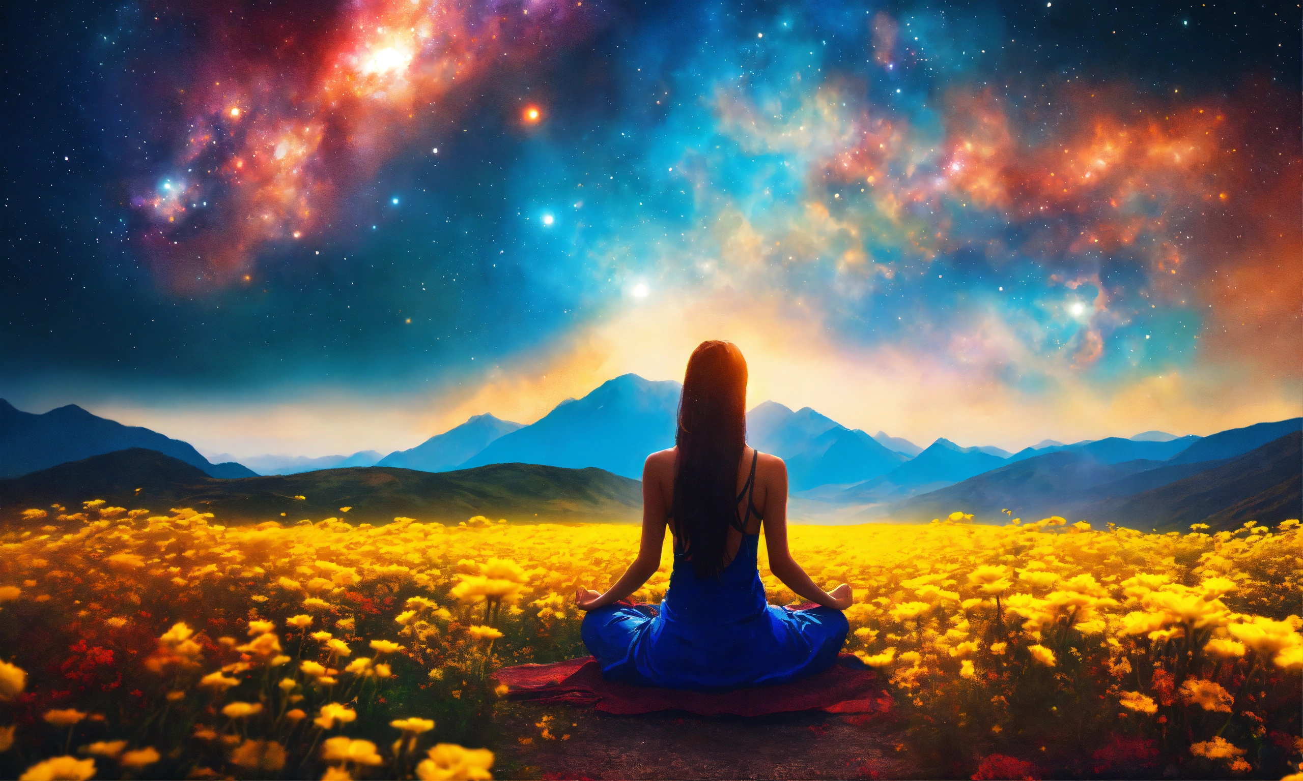 Lexica - Beautiful woman in Meditation posture, mountain, a vast field ...