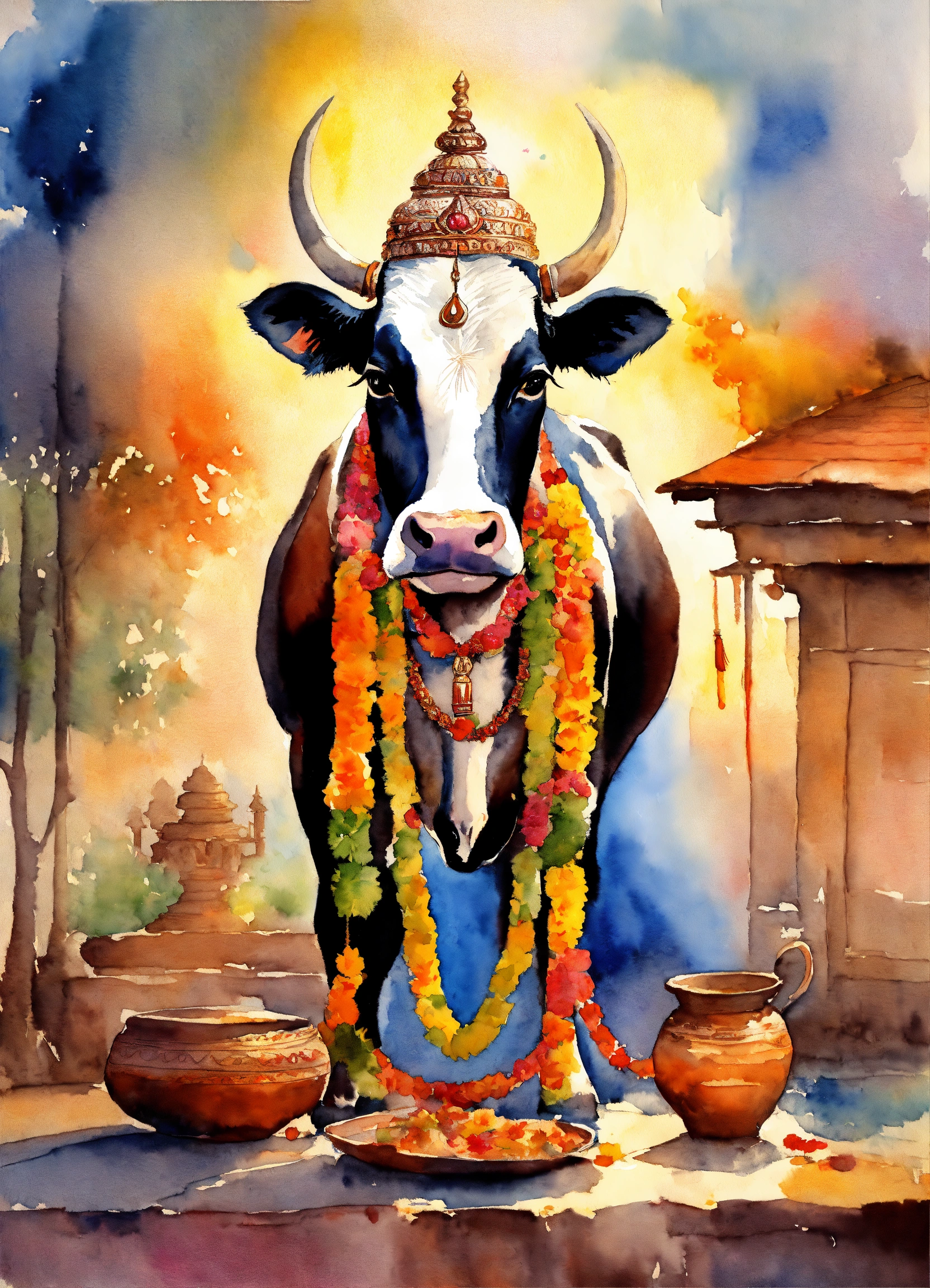 Lexica - Hindu cow worship, watercolor, breathtaking