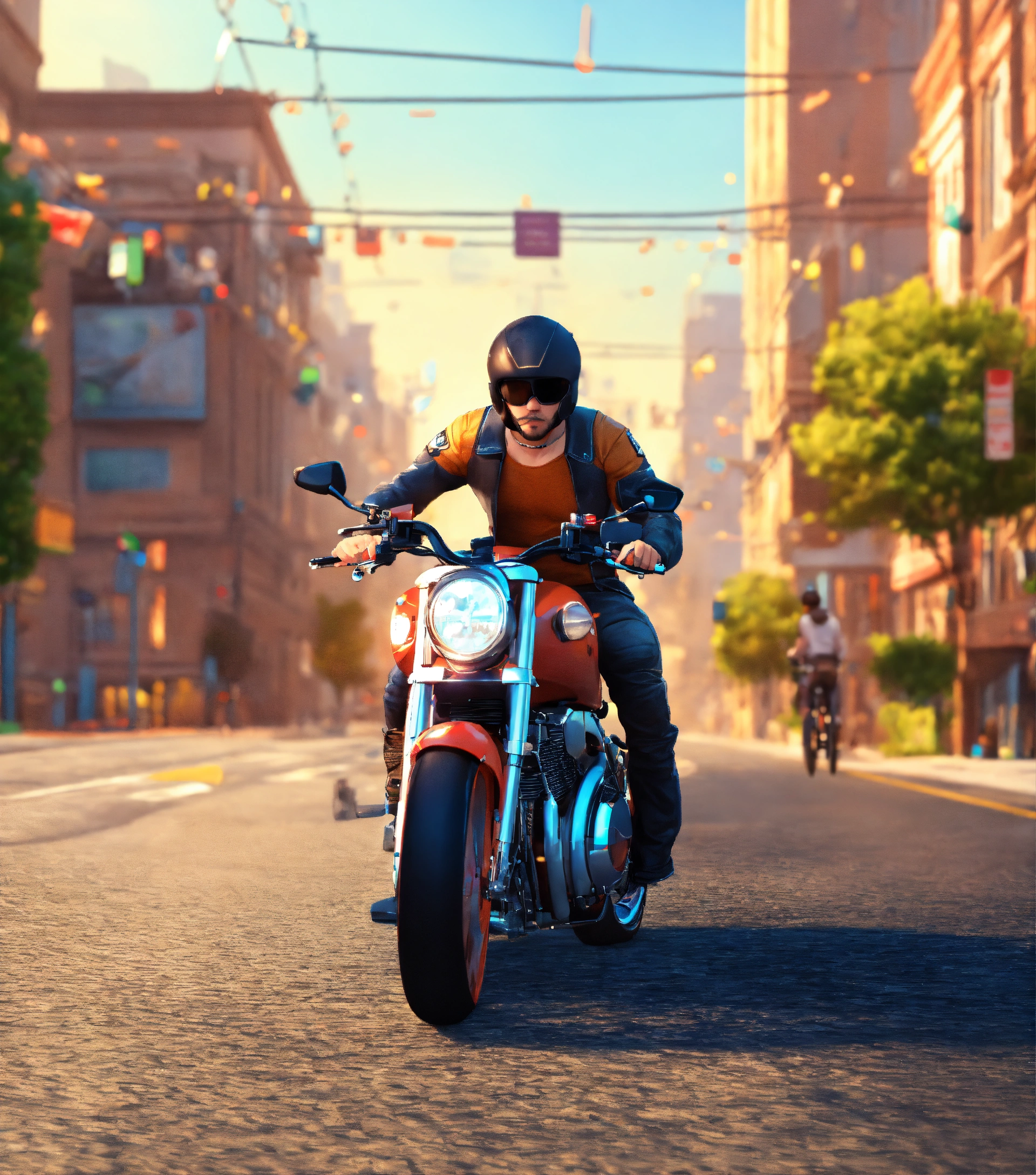 Lexica - Simulation game, heavy bike, guy riding, 3d icon, road background