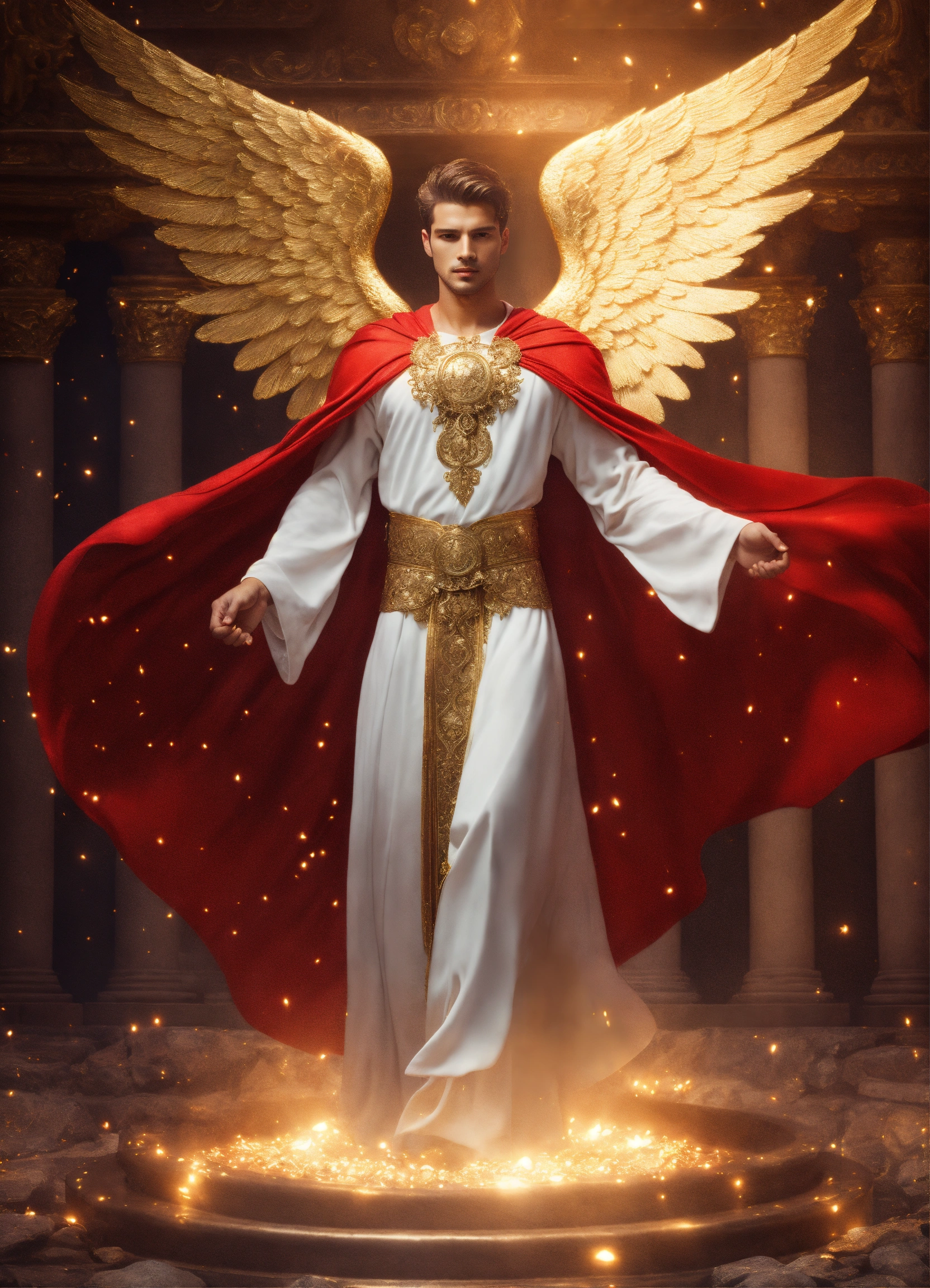 Lexica - Male angel in white robe in motion with gold appliqués and ...