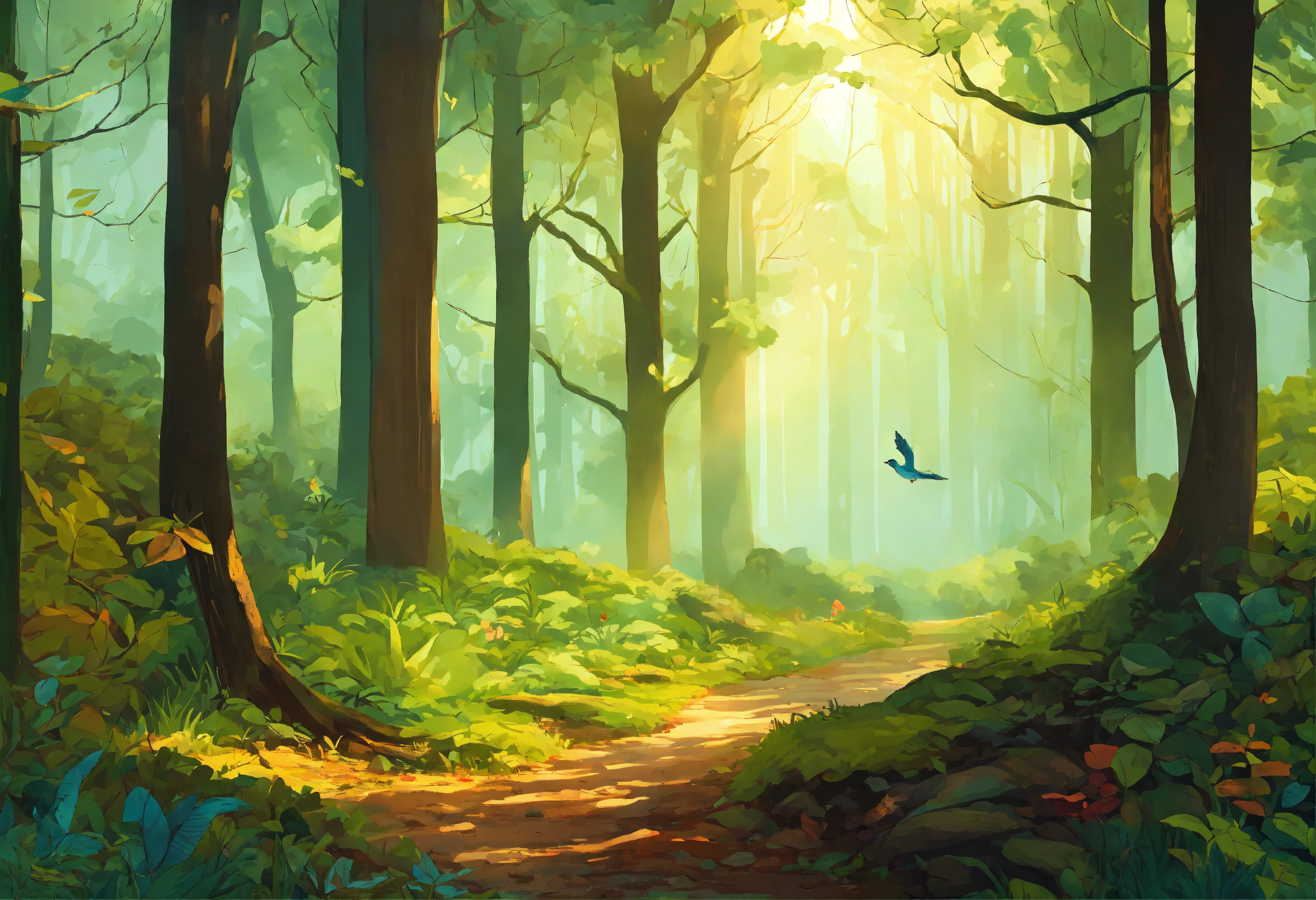 Lexica - A tranquil forest landscape with gentle rays of sunlight ...