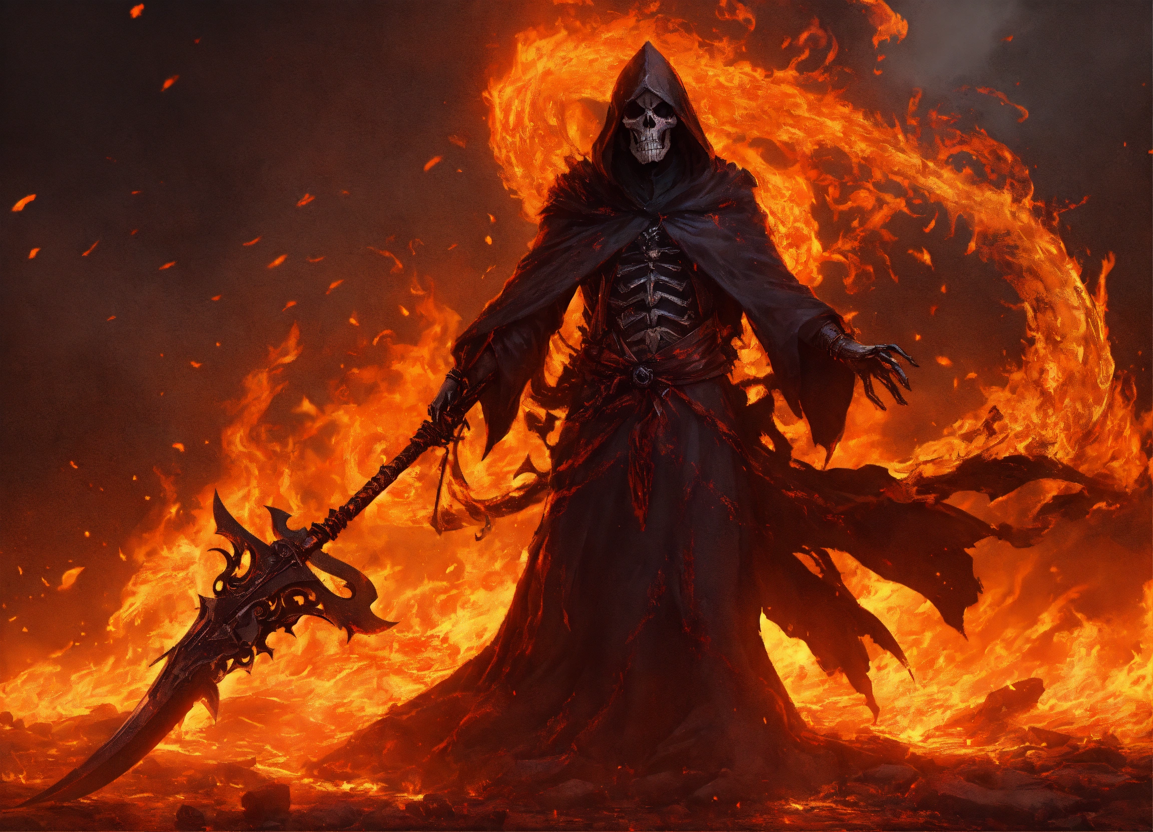 Lexica - Menacing grim reaper with flaming scythe raised for the kill ...