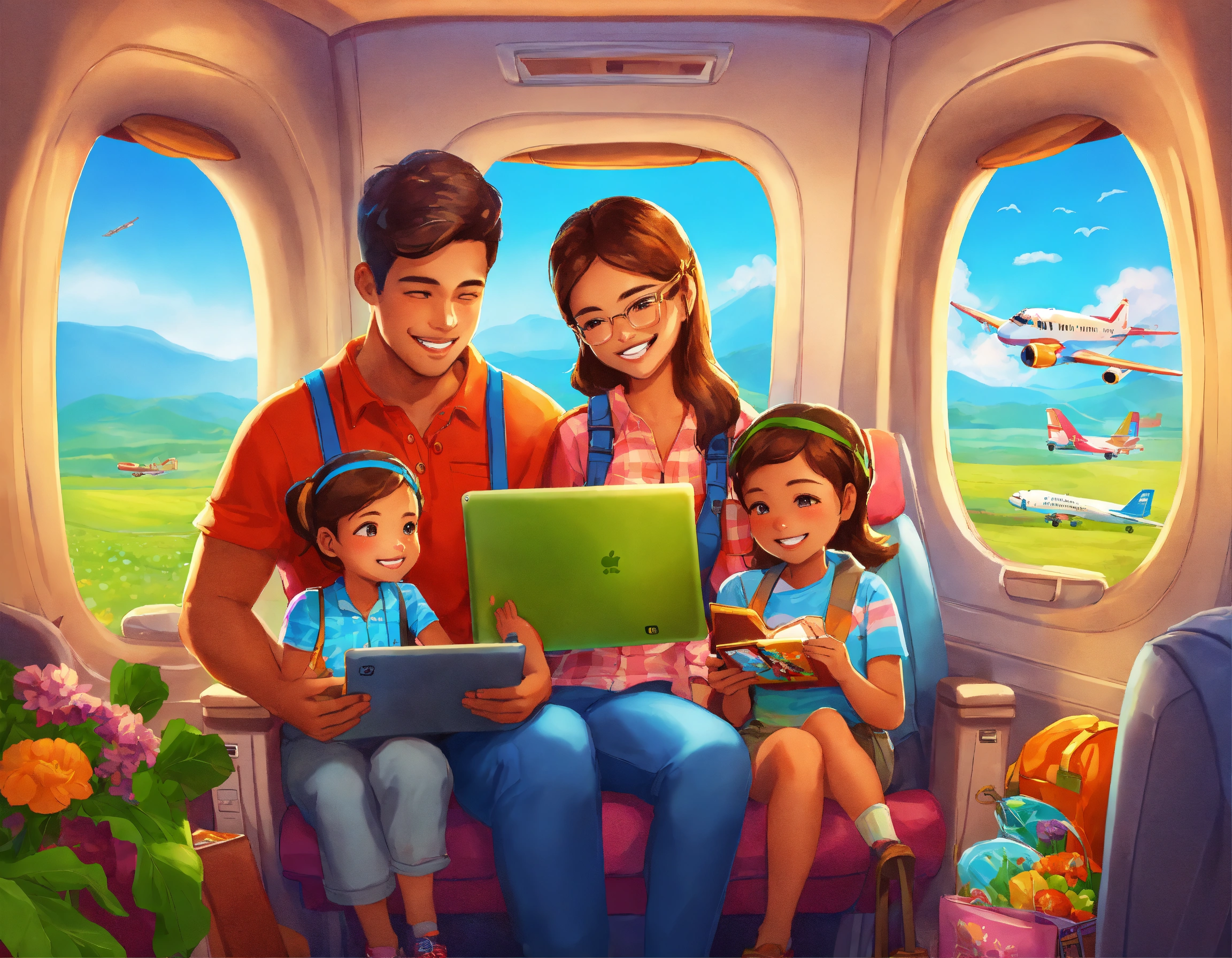 Lexica - Young farmer using ipad tab, airplane passengers in airplane ...