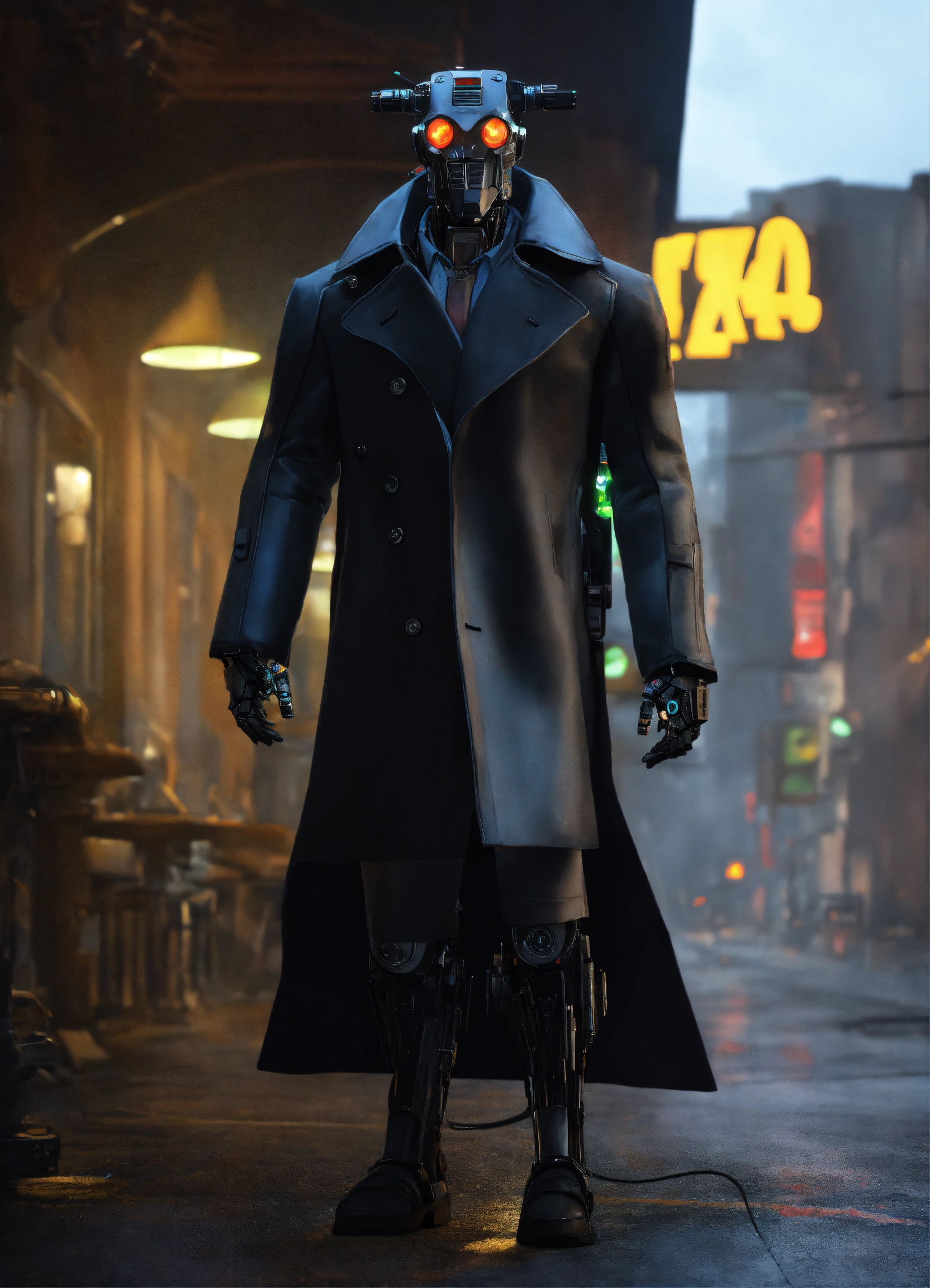 Lexica - Half robot half mutant wearing a black trench coat, sci fi, 8K