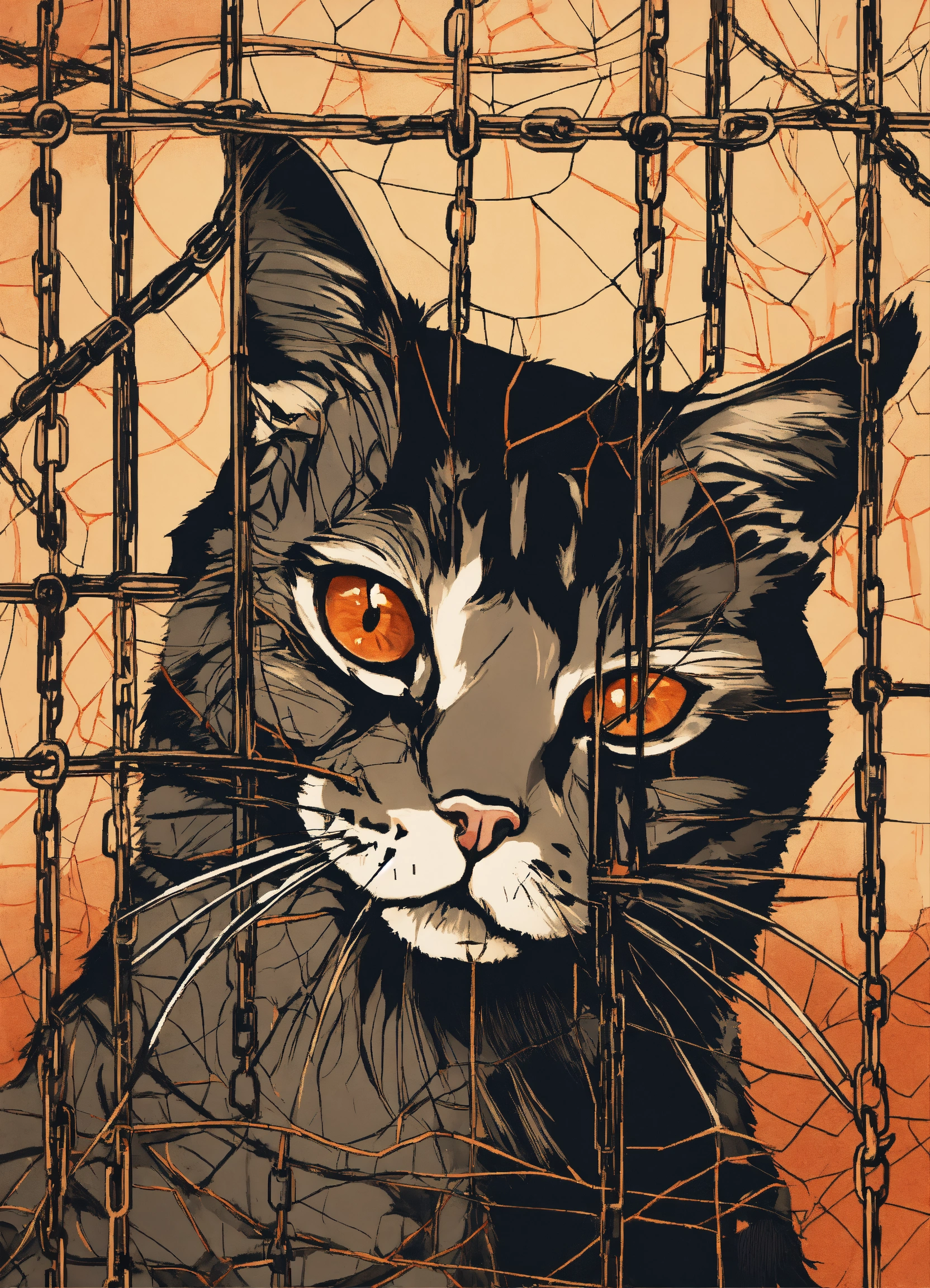 Lexica - A cat in a web of chains in the style of Japanese ink drawing