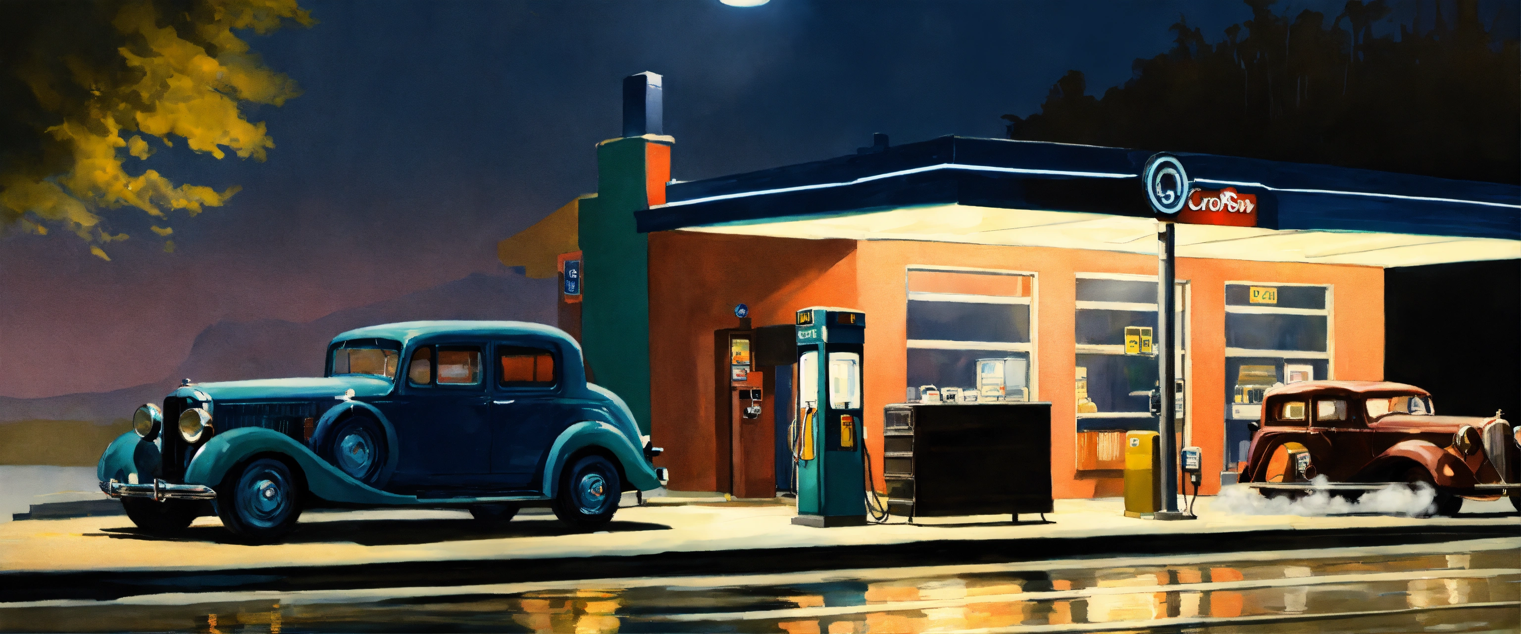 Lexica - Remote petrol station at night in light mist edward hopper ...