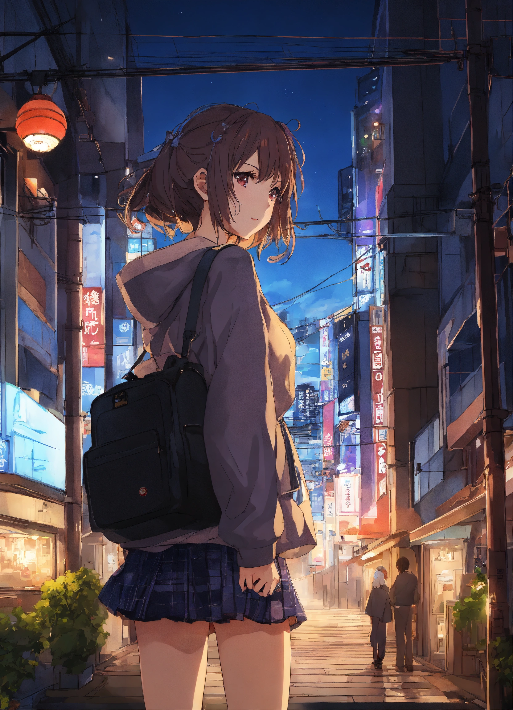 Lexica - A (pretty girl), anime, Japan animation background, 80mm camera  lens, wide angle, night view, city, building, edge, high detail