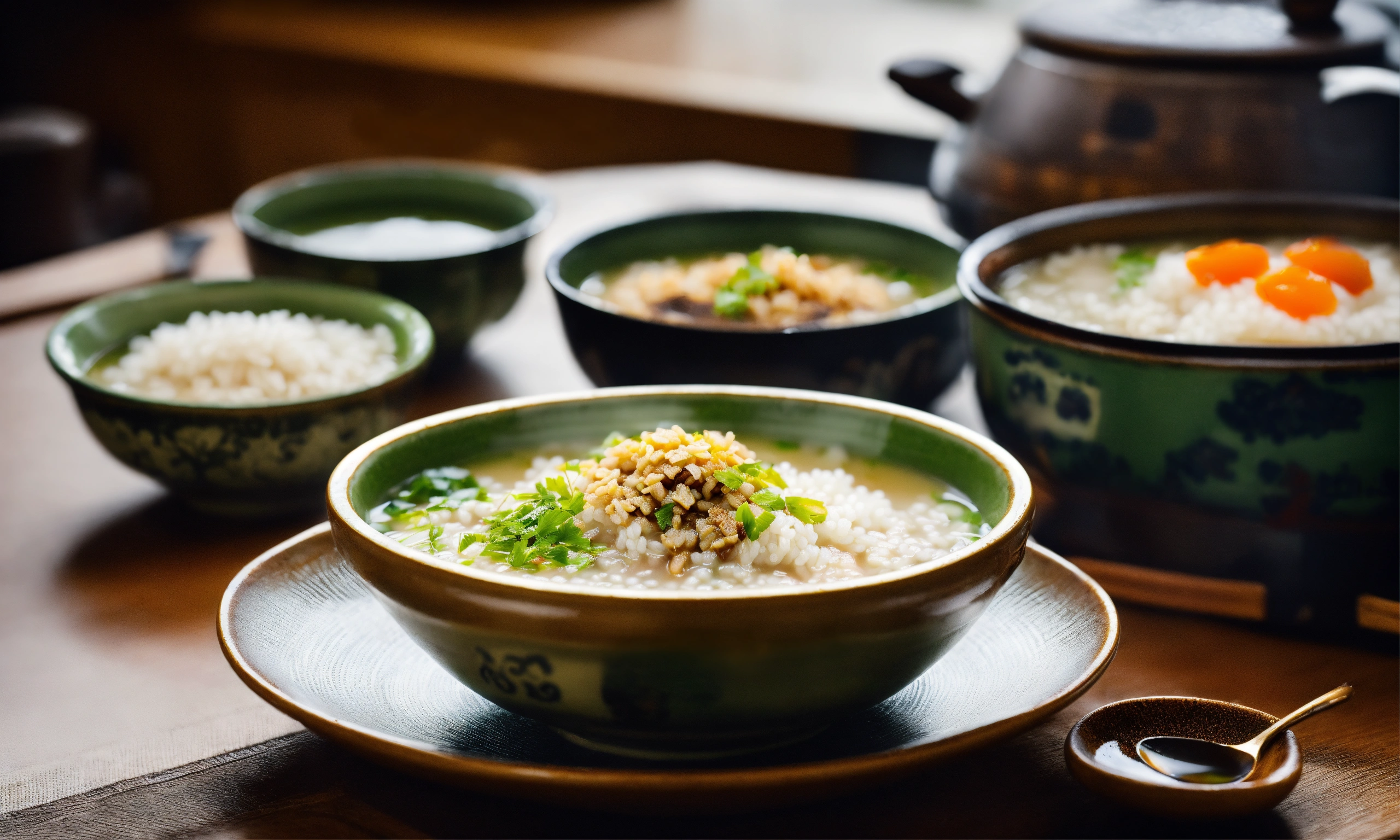 Lexica A bowl of congee with a cup of green tea smoking with a rice