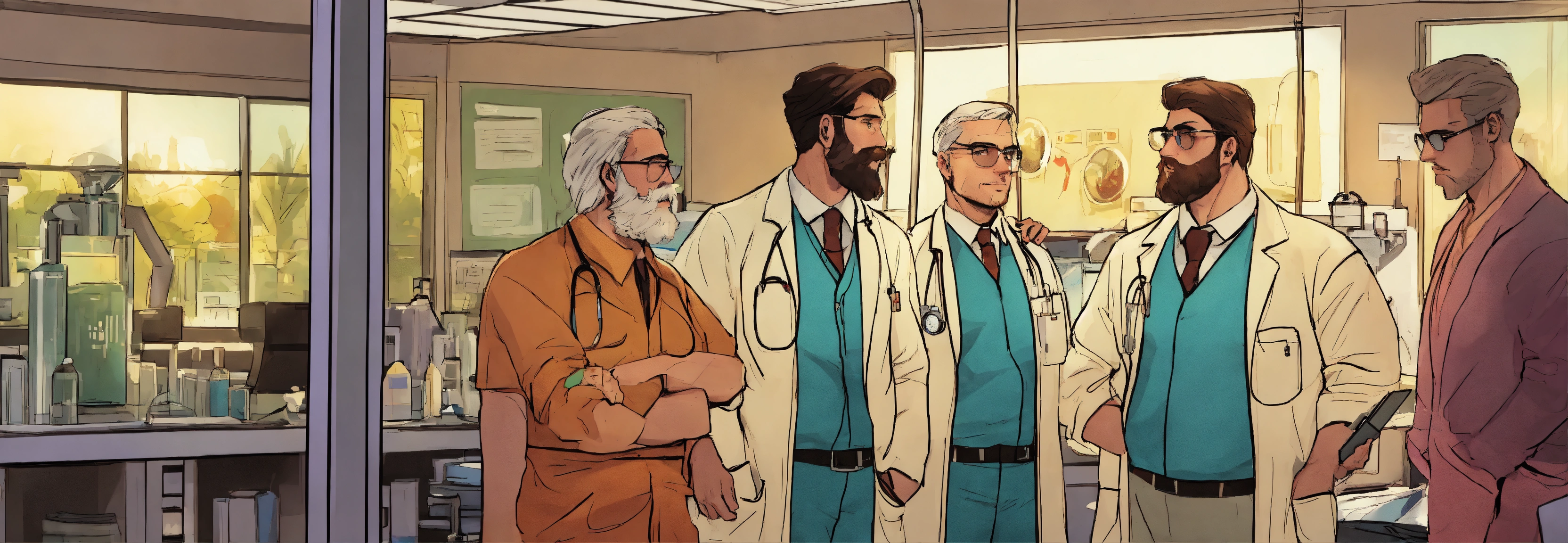 Lexica - Comic A group of Scientist looking ar Muscular patient