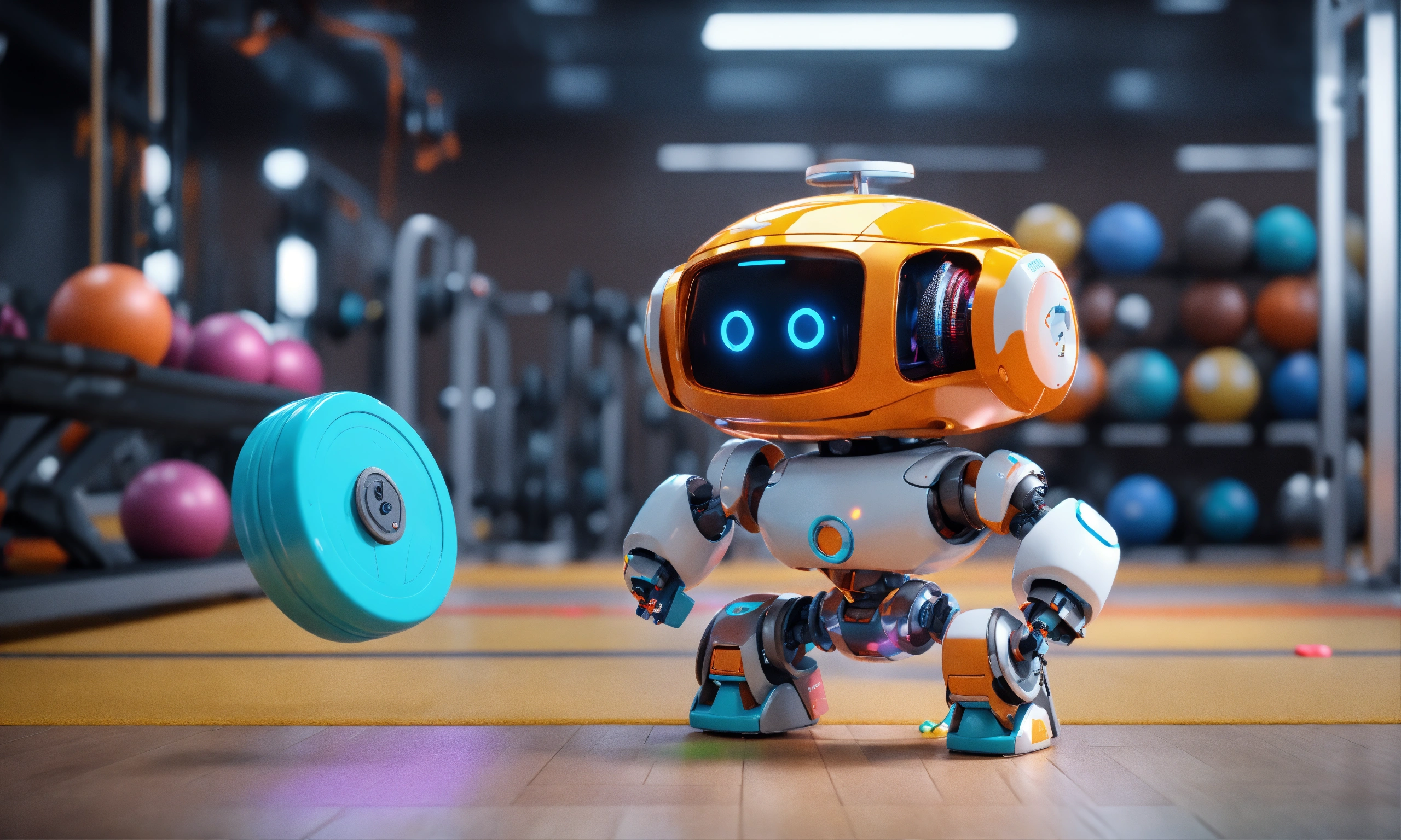 Lexica - Cute little robot trainning at gym, happy, holding holding gym ...