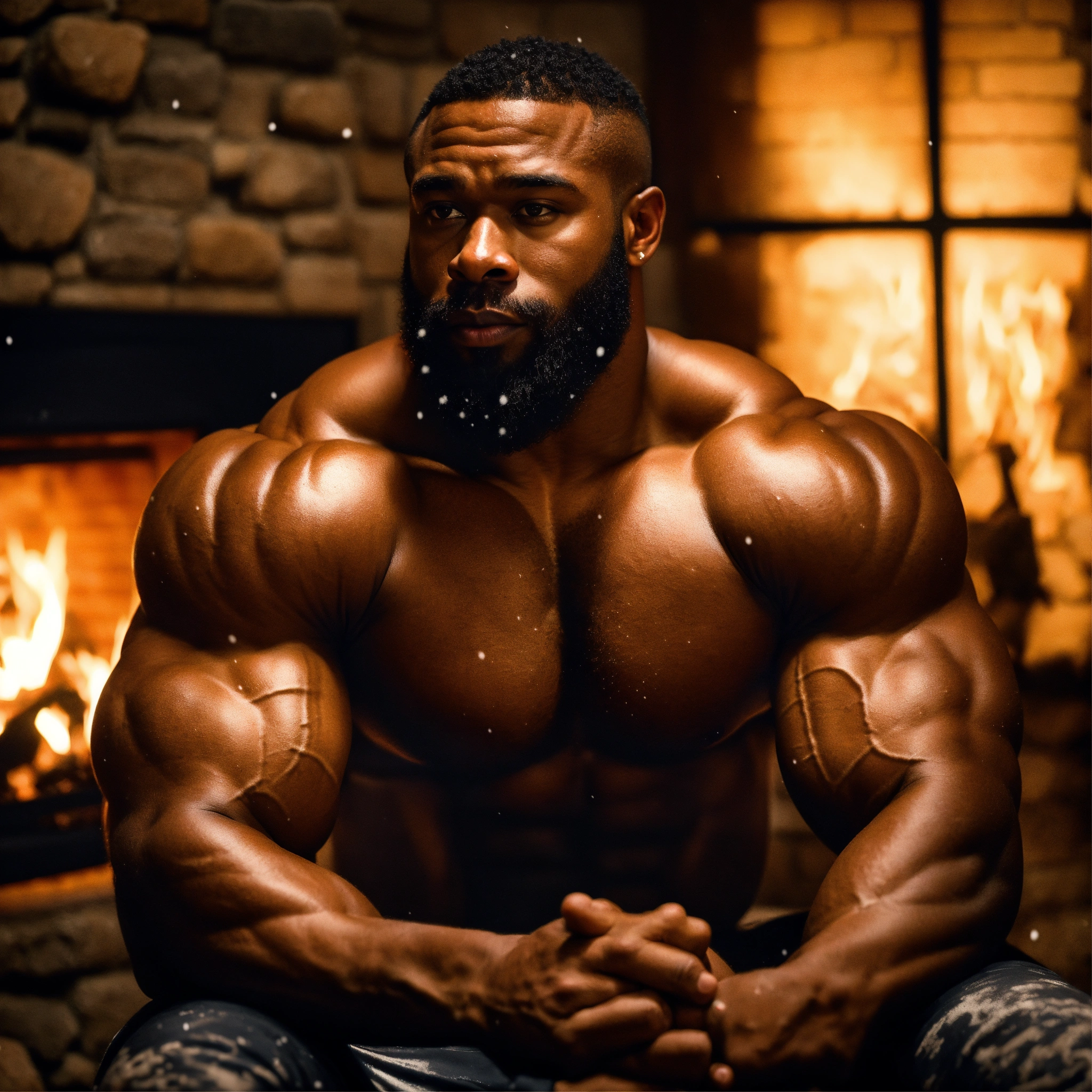 Lexica - 30-year-old hairy black man with big muscles, big bodybuilder,  body like a wrestler, sitting in front of a fireplace during a snowy night