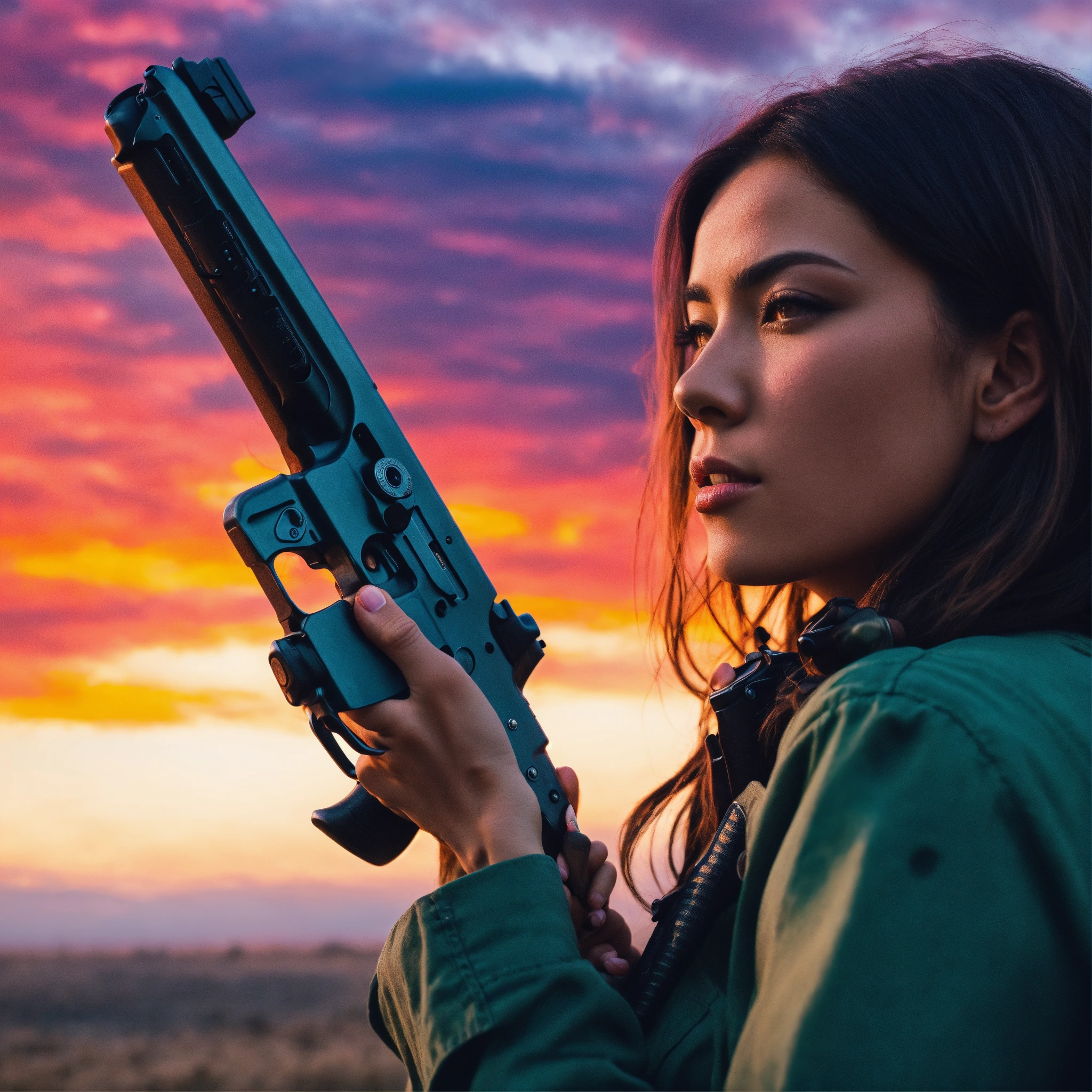 Lexica - Close up of a woman holding a gun down by her side, in front ...