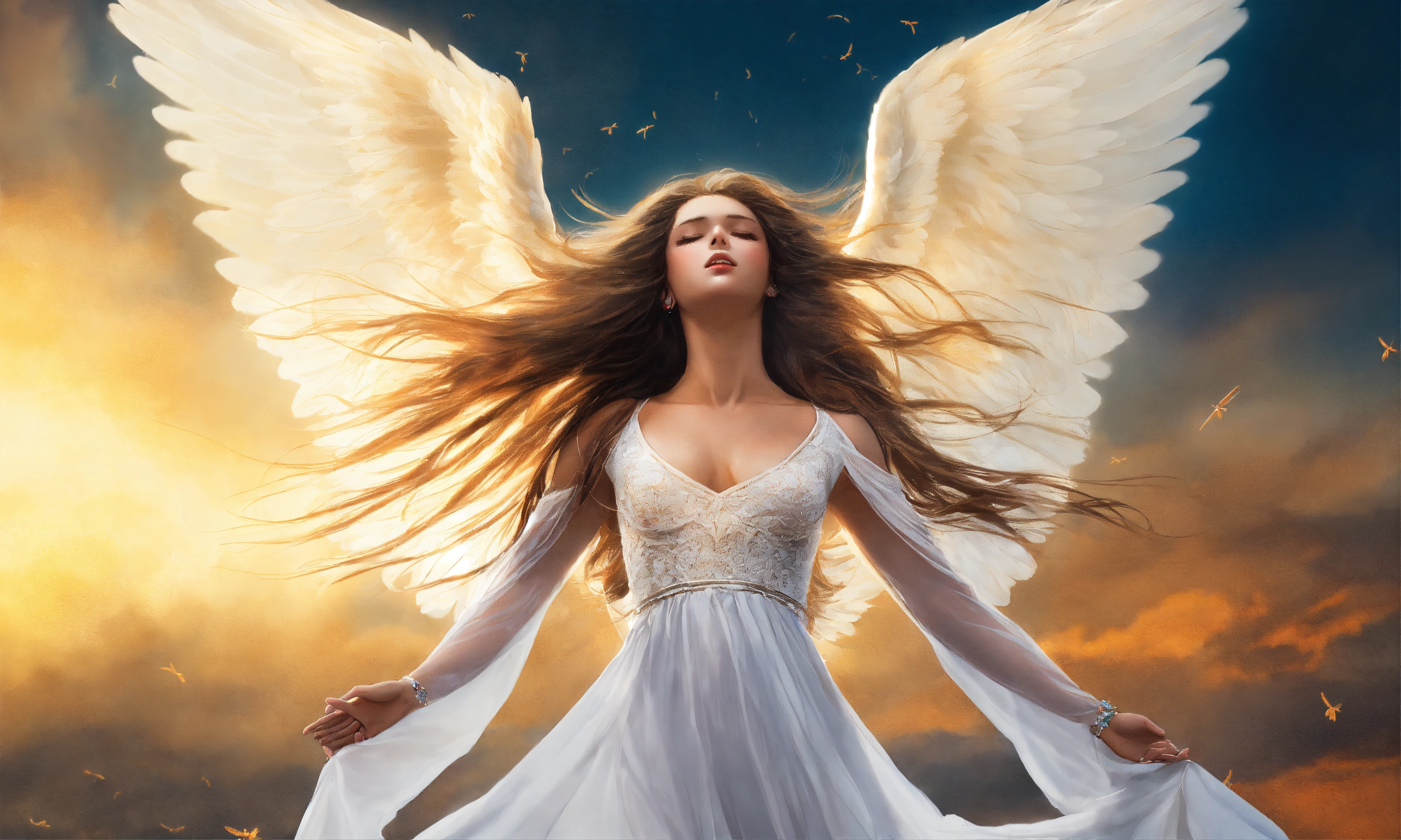 Lexica - A Female Angel, Long Hair With Breezy White Dress Hovering Mid 