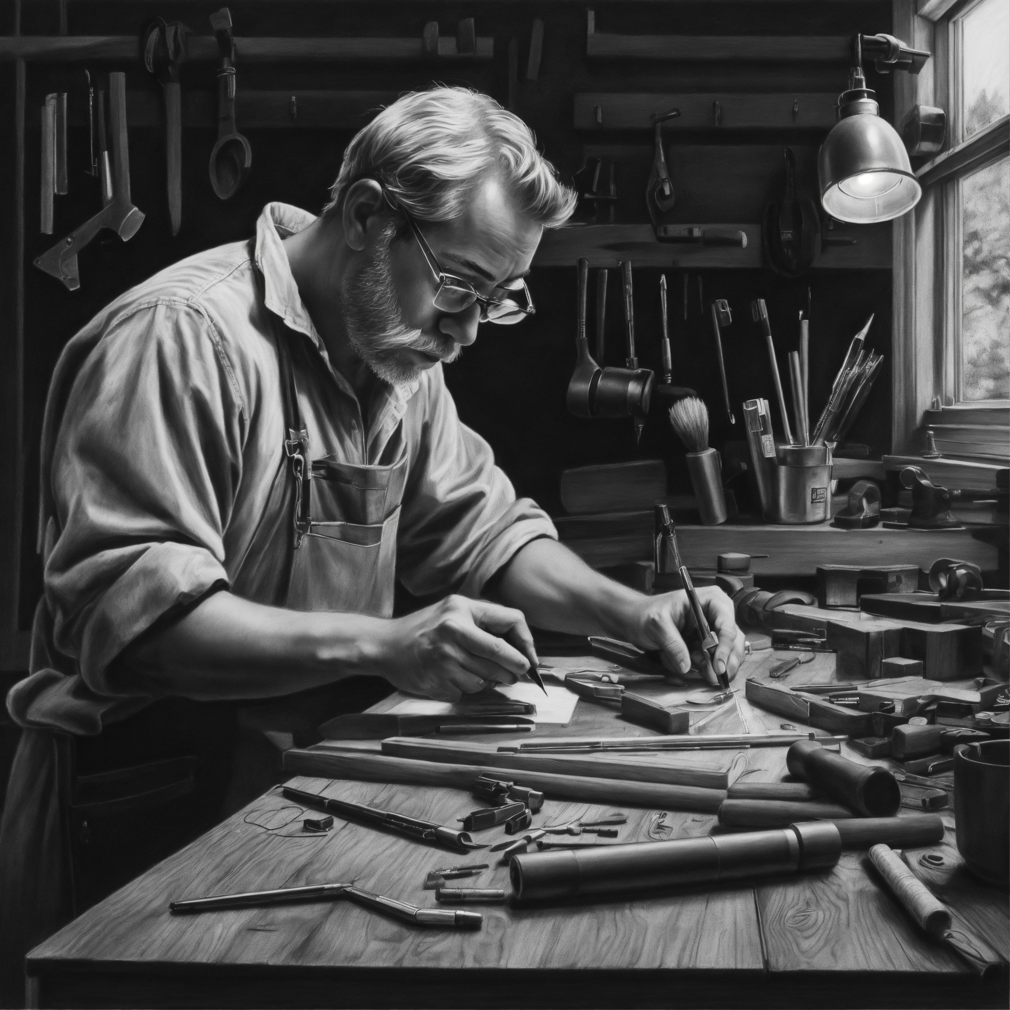 Lexica - Realistic black and white drawing, a craftsman working on his ...