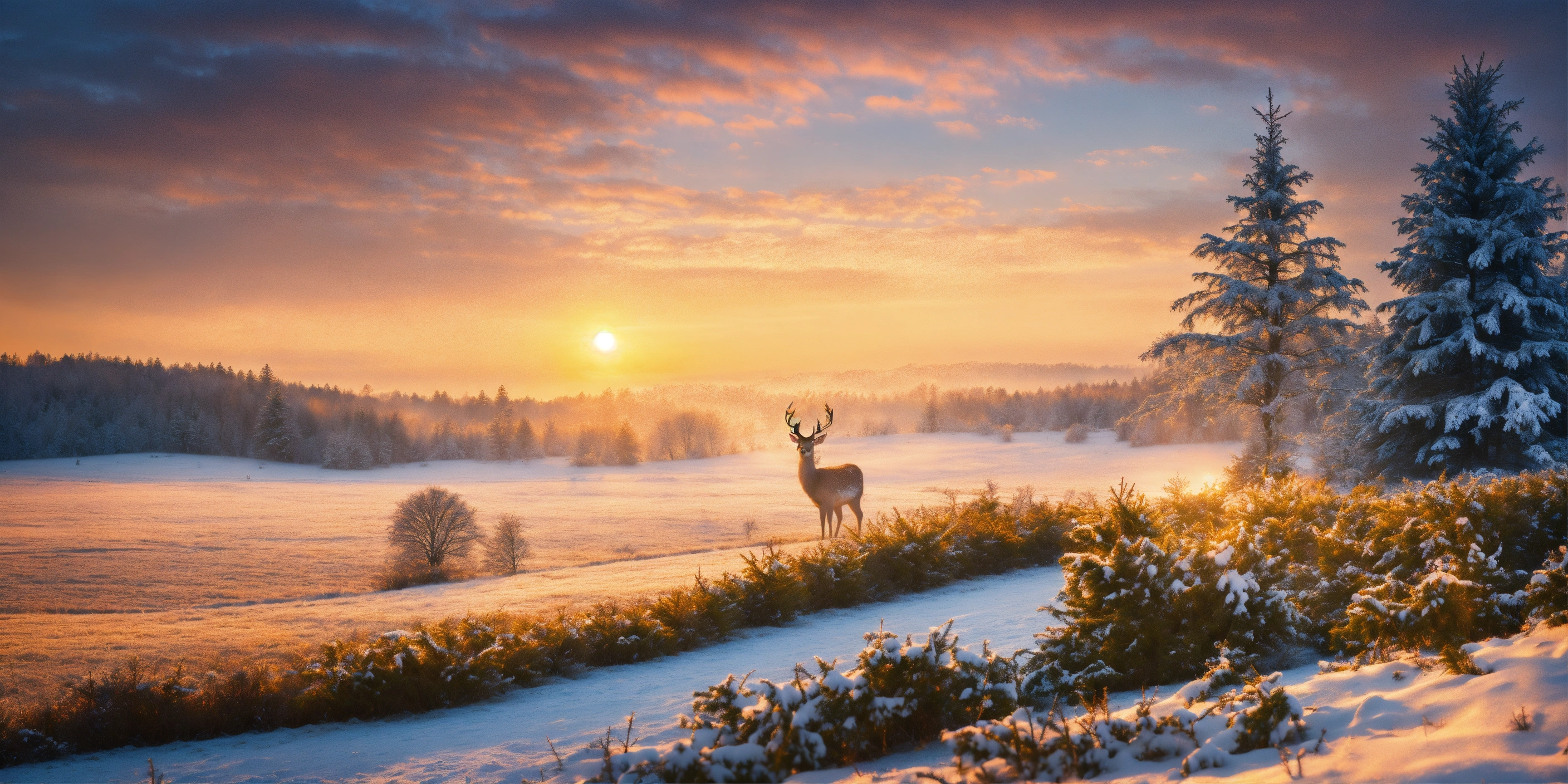 Lexica - Winter landscape at sunrise, with Christmas tree with majestic ...