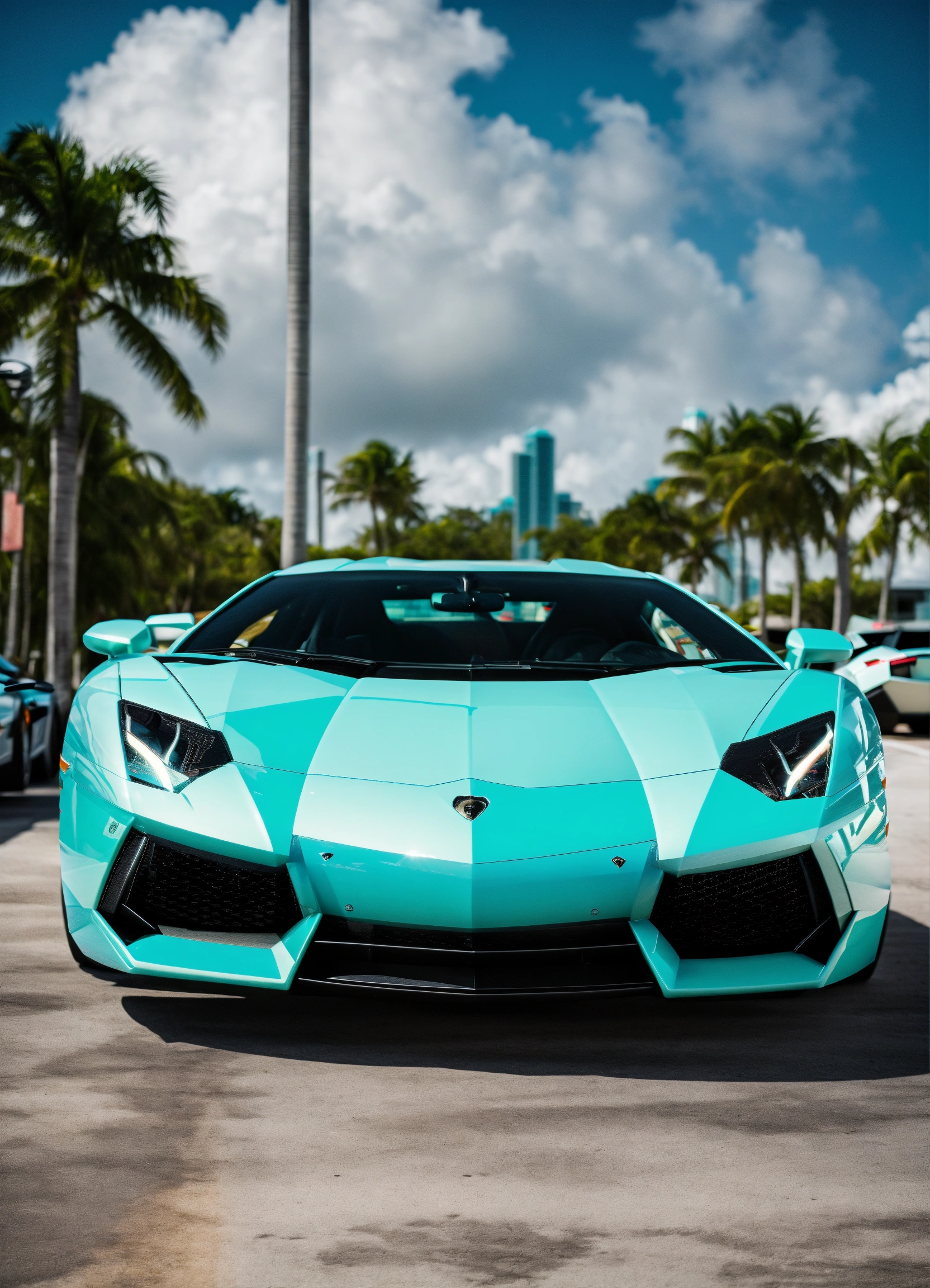 Lexica - A Tiffany blue lamborghini aventador front view in miami