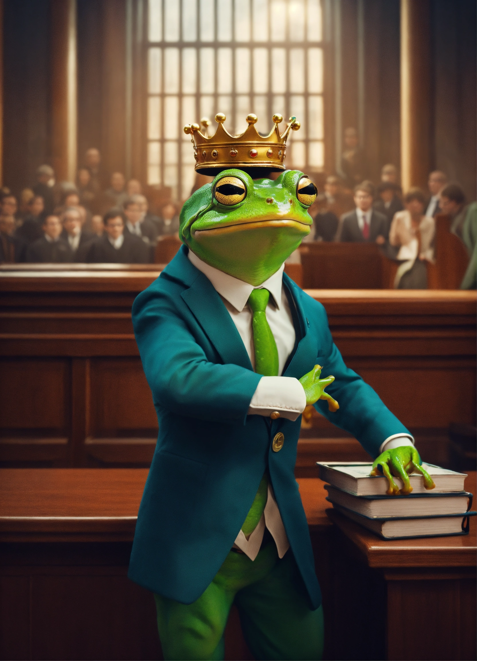 Lexica - Cute frog in suit and glasses in crown court defending warm in ...