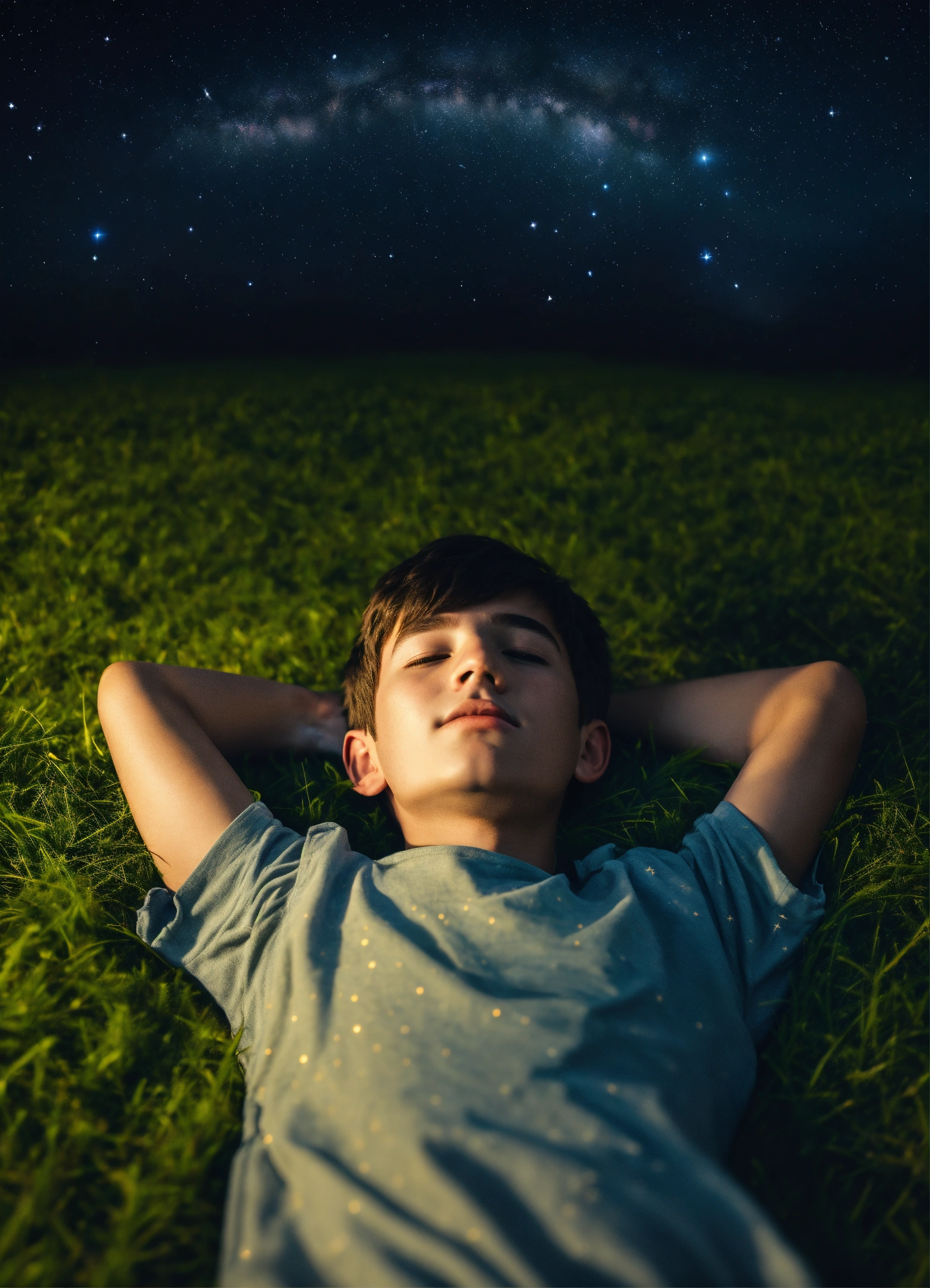 Lexica - A boy perfect in every way laying in the grass looking up at a  night sky full of stars beautiful in every way perfect clarity  photorealistic..., image size:1664x2304