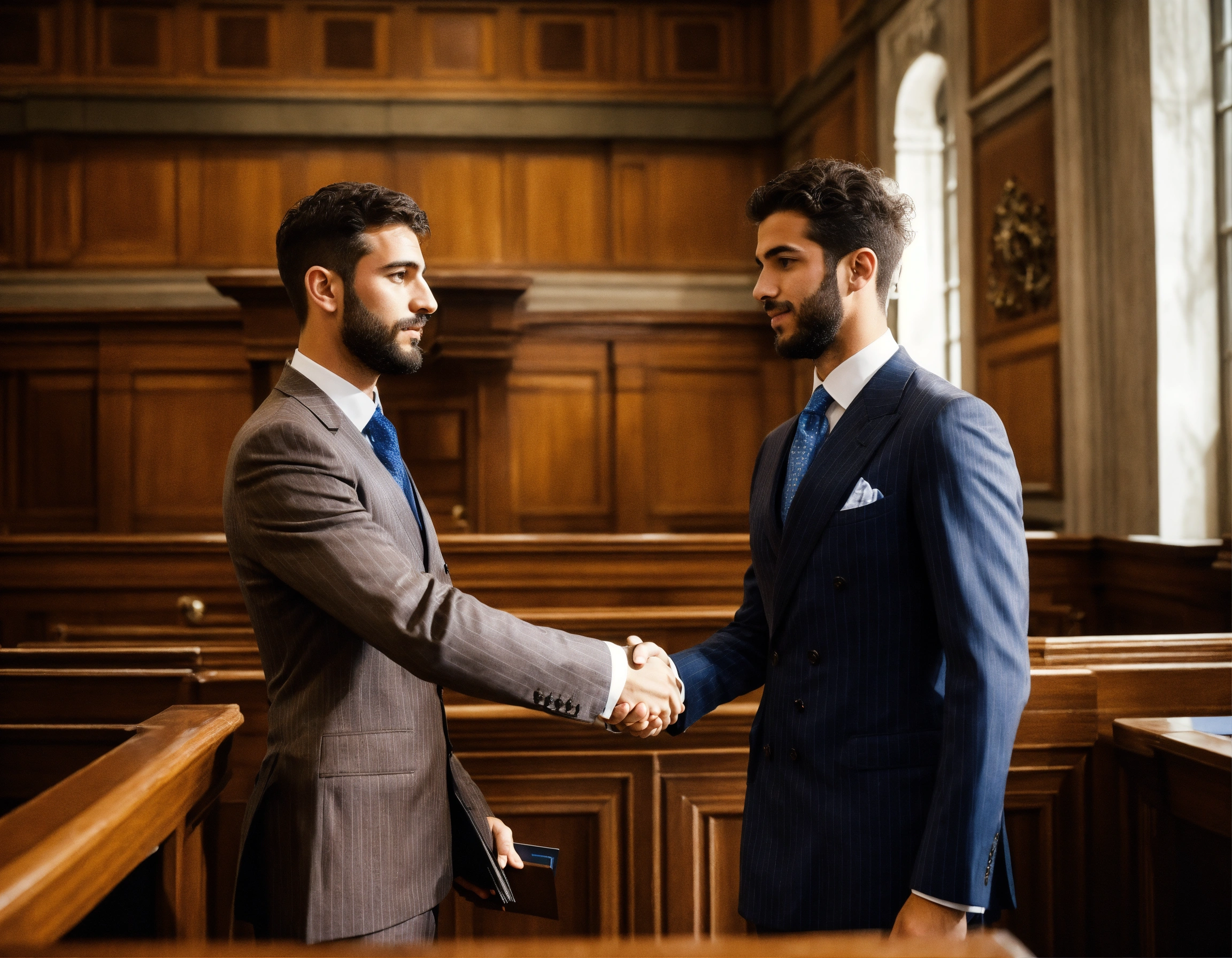 Lexica Two young Spanish male lawyers in light brown pinstripe double