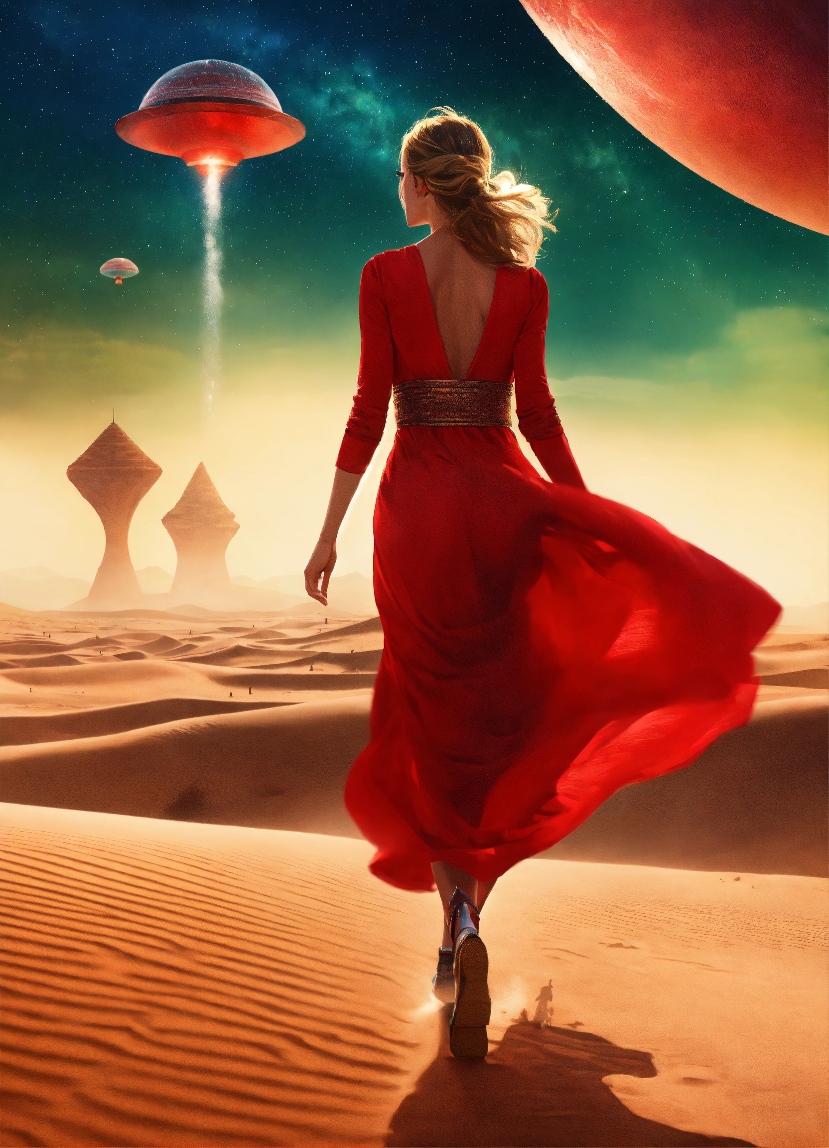 Lexica - Woman running through a sahara place in a long red dress ...