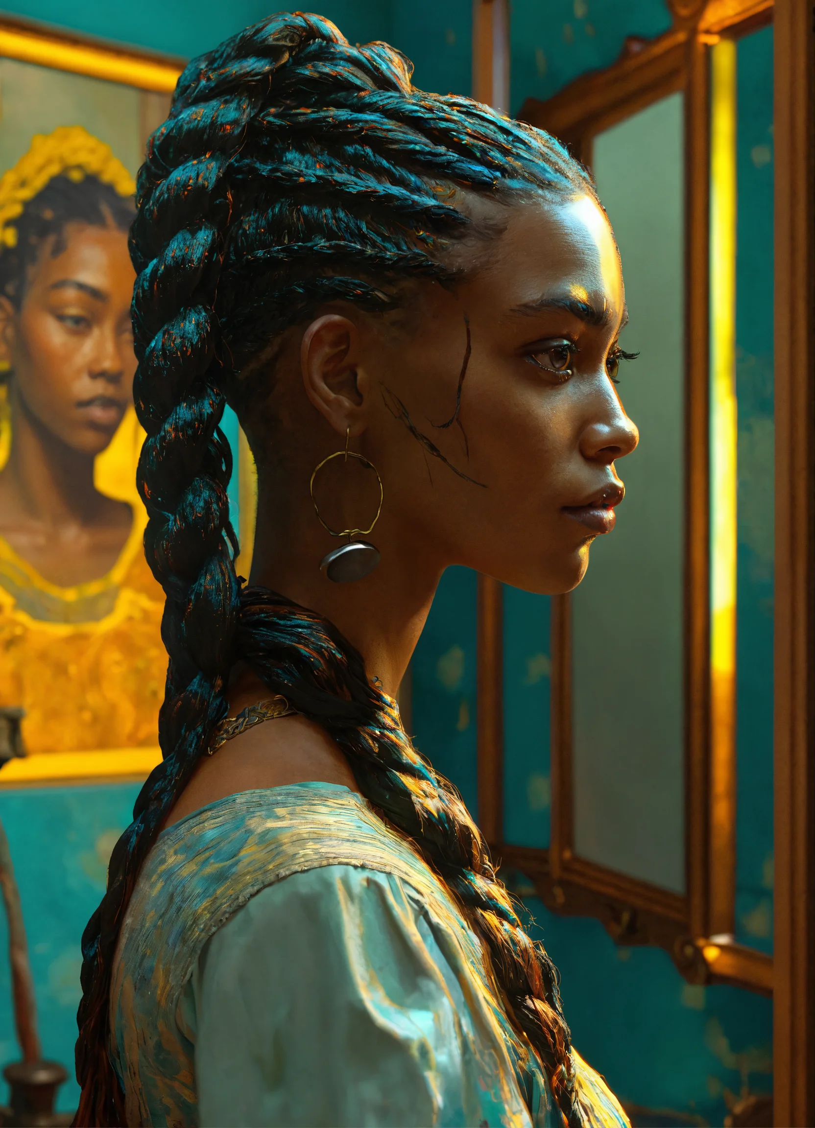 Lexica - A woman with long braids standing in front of a mirror, a ...