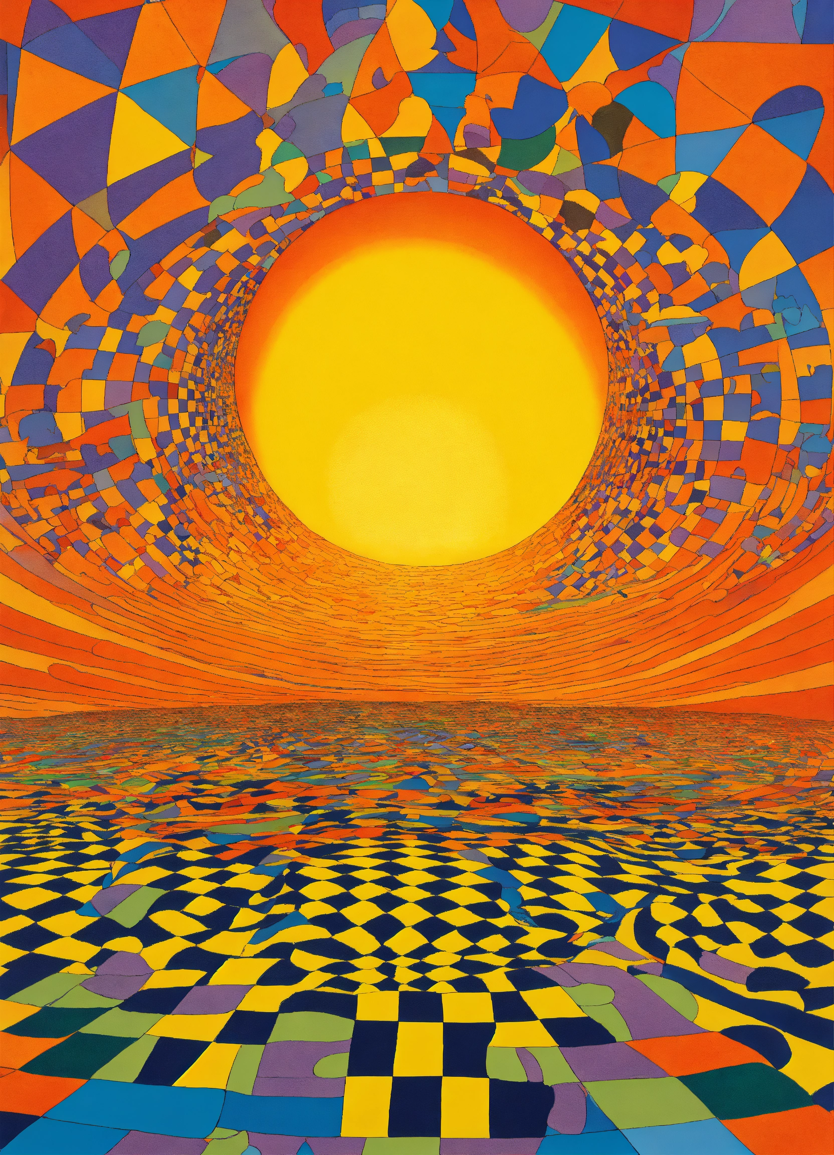 Lexica Sun merging into moon, psychedelic, the four corners of the