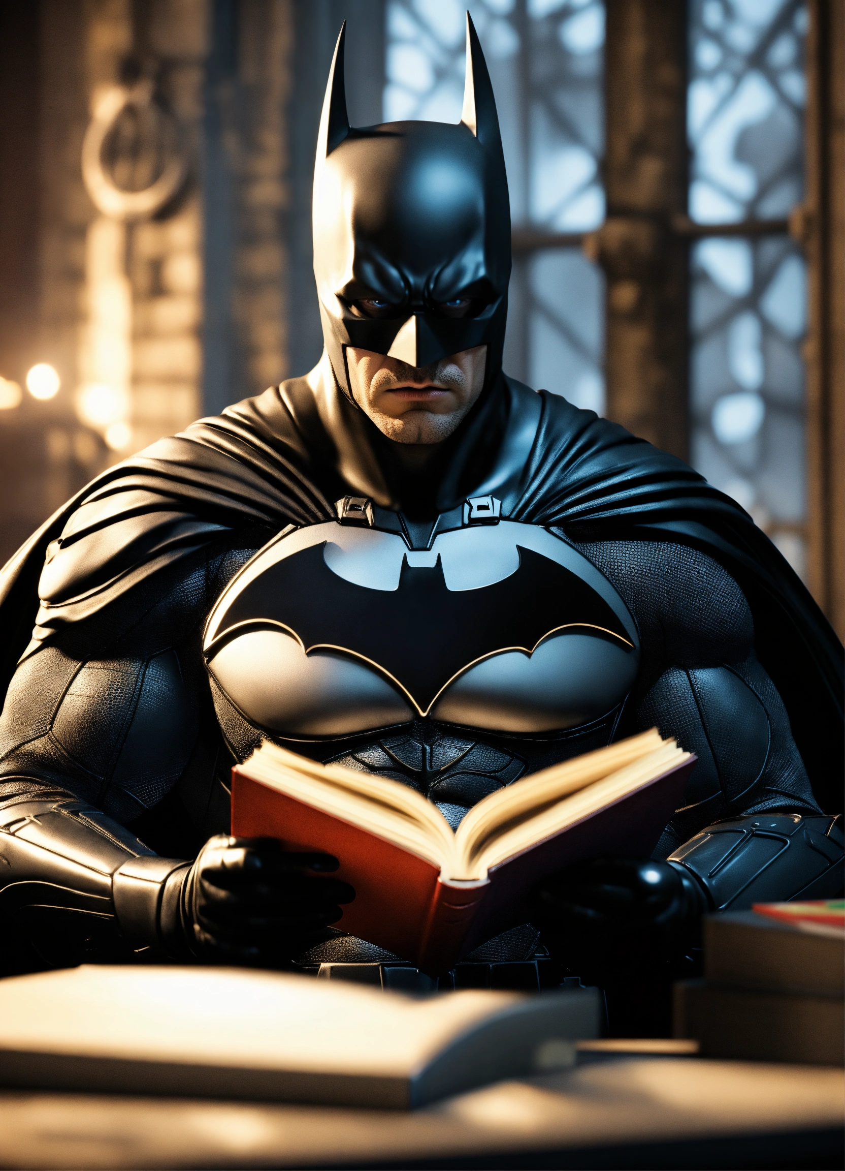 Lexica Batman wearing glasses reading a book unreal engine render 8k