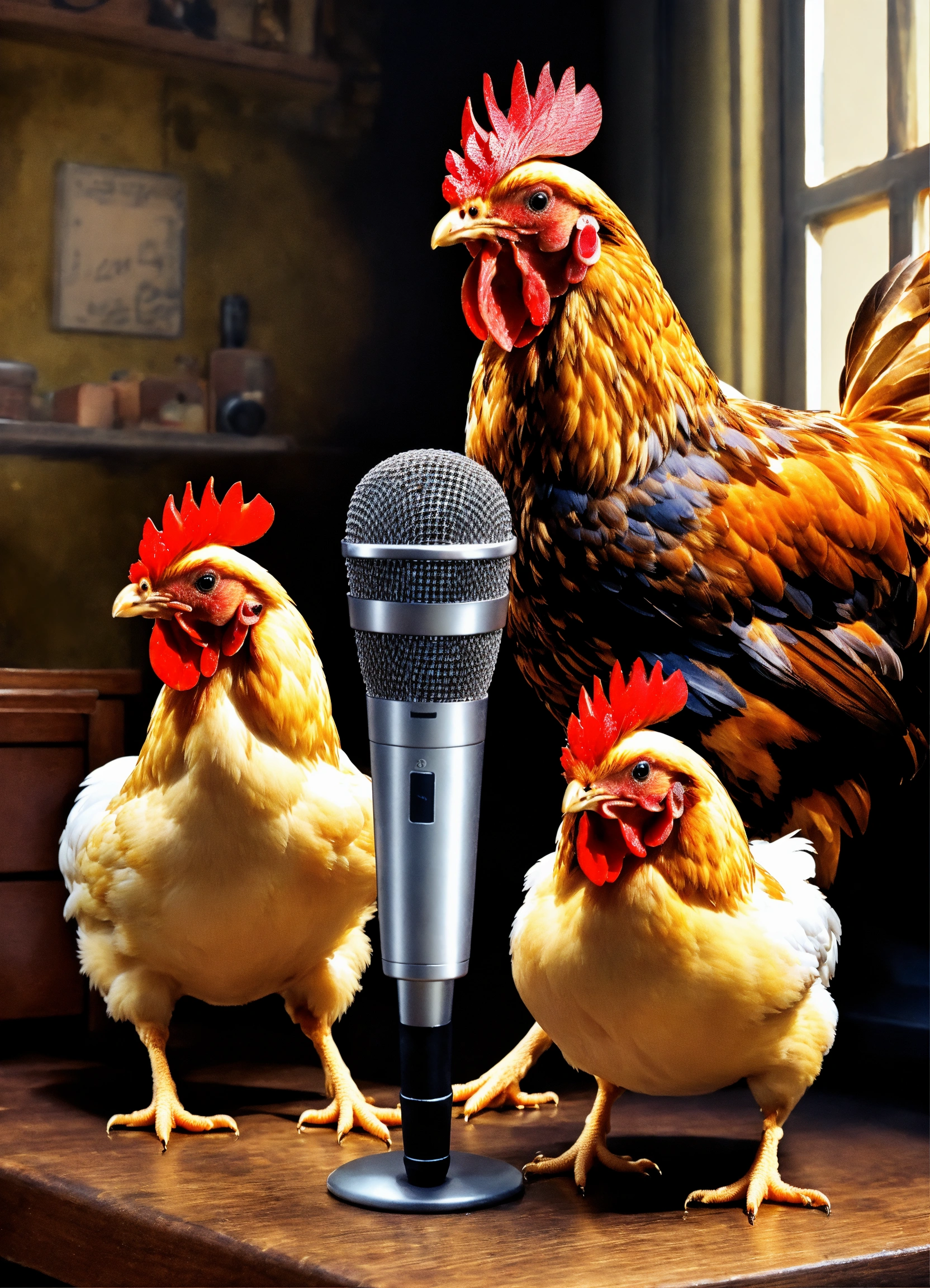 Lexica Photorealistic picture of chickens with a microphone and