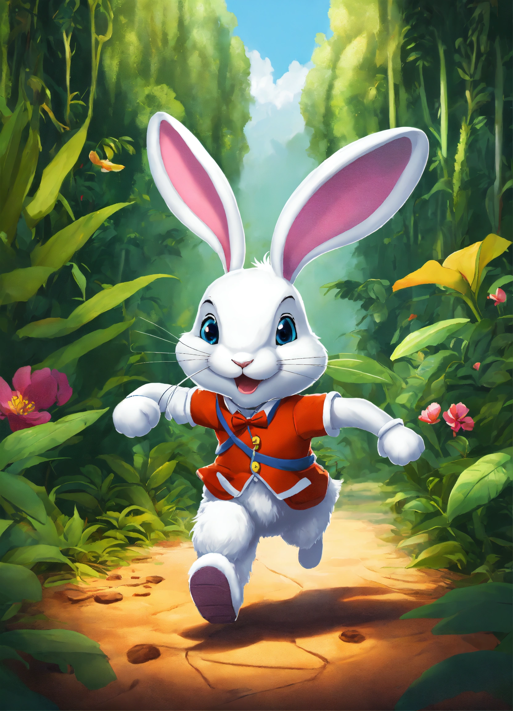 Lexica - Let cartoon white rabbit running on two legs in jungle
