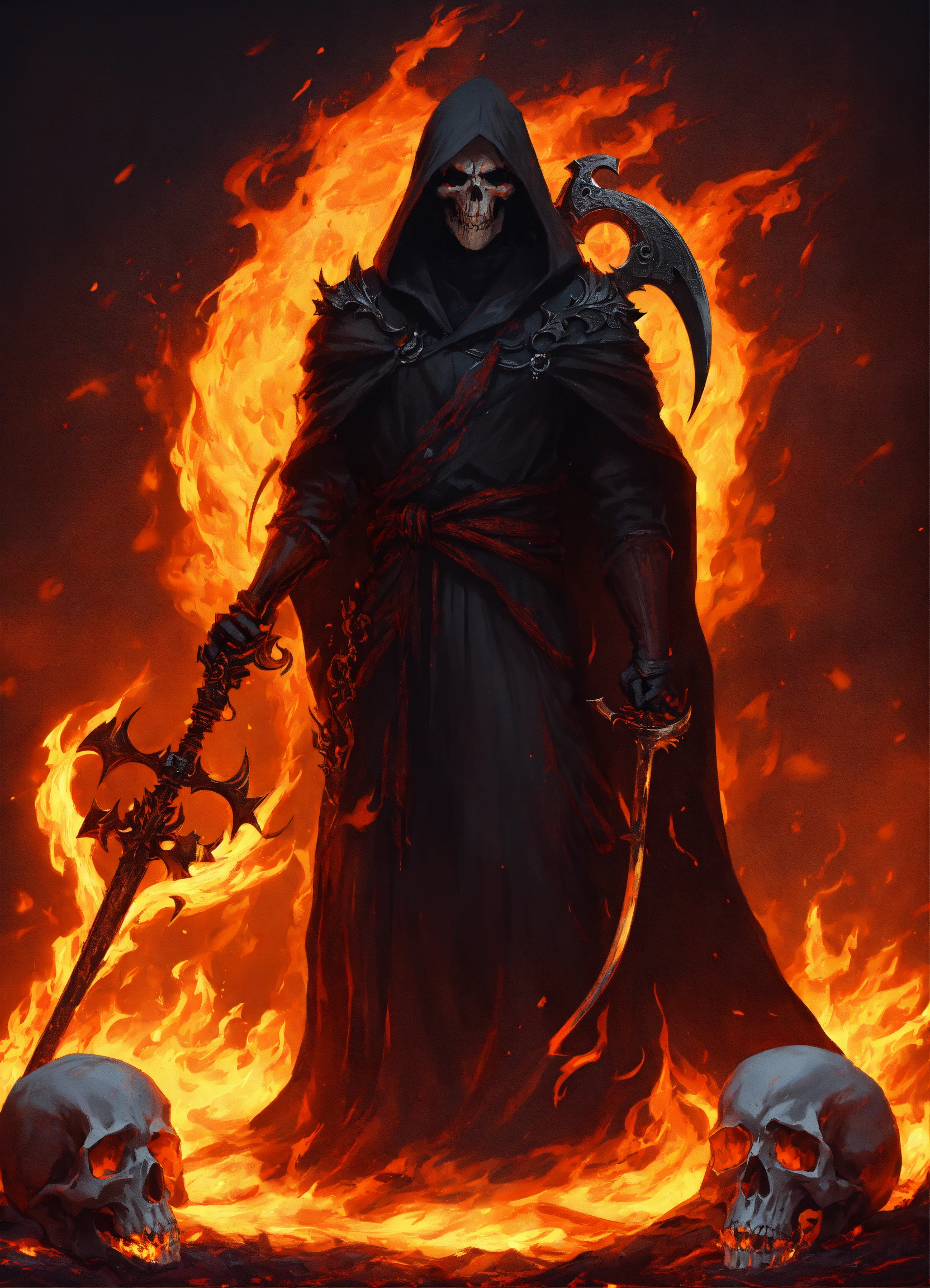 Lexica - Menacing grim reaper with flaming scythe, tattered flowing ...