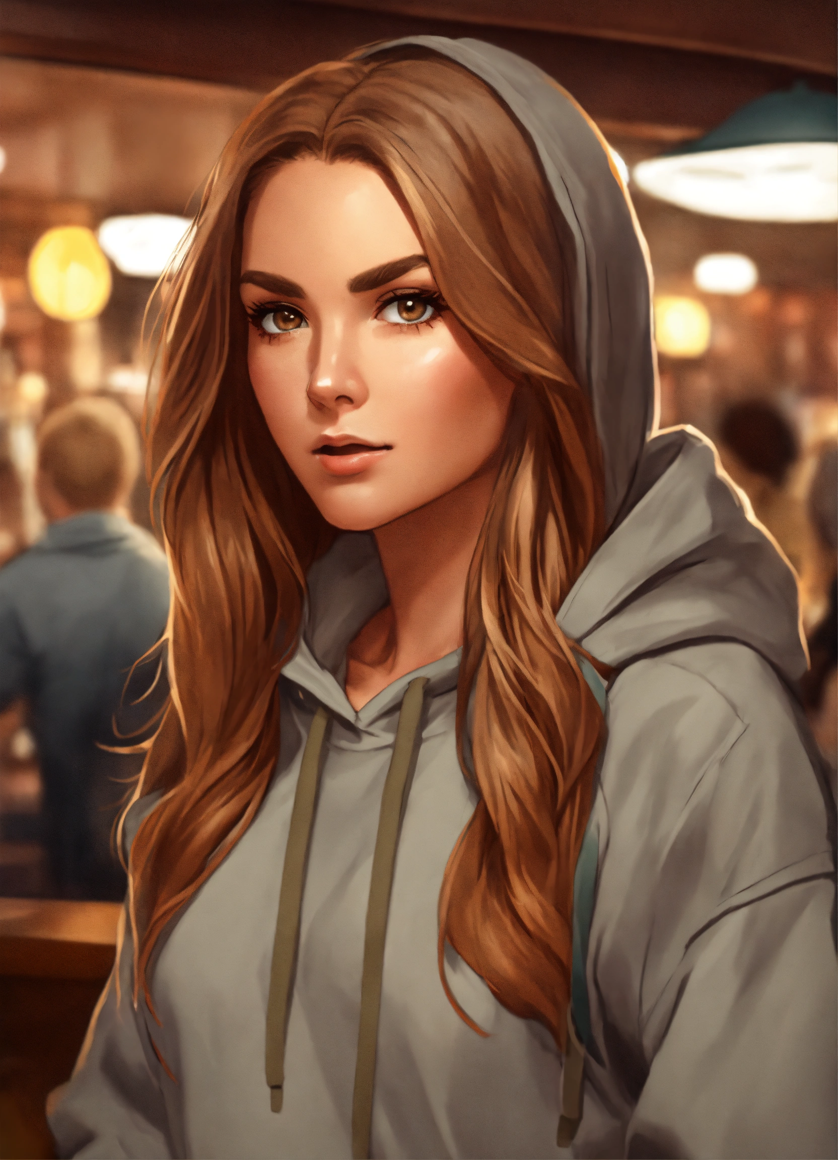 Lexica Woman With Long Straight Wavy Light Brown And Hair Casual Outfit With Gray Hoodie 