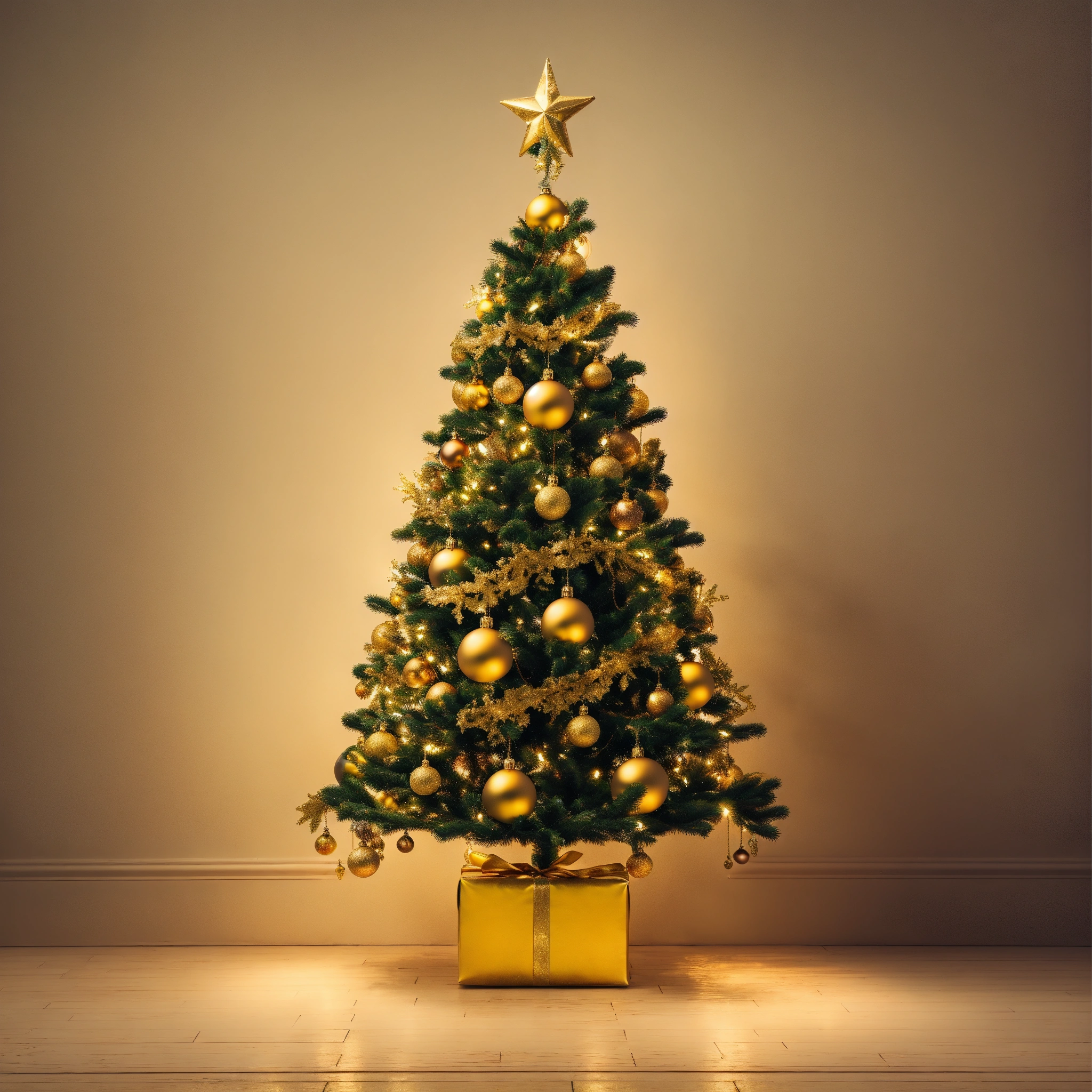 Lexica - A tall christmas tree with gold vintage ornaments and yellow ...