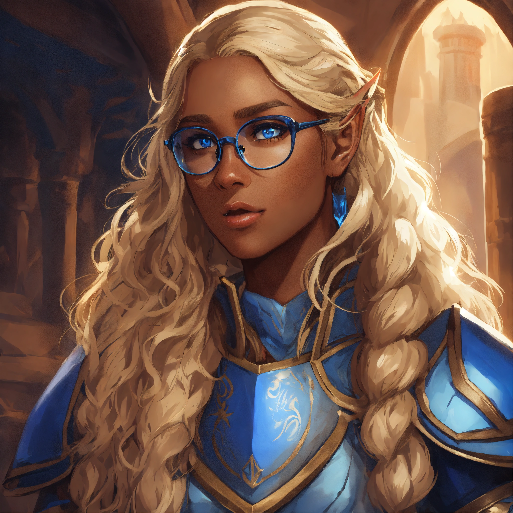 Lexica - A very brown skinned half elf woman, wearing glasses with deep ...