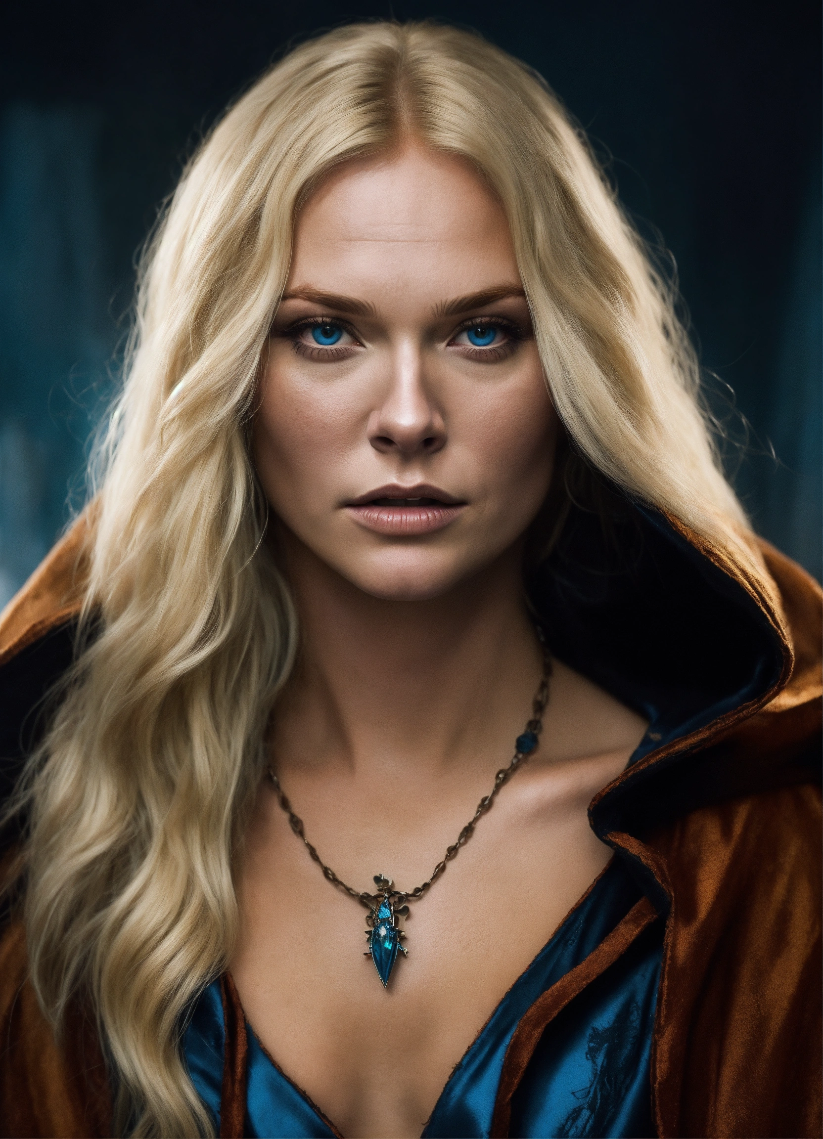 Lexica - A blonde with blue eyes women wears witch clothes and cloak ...