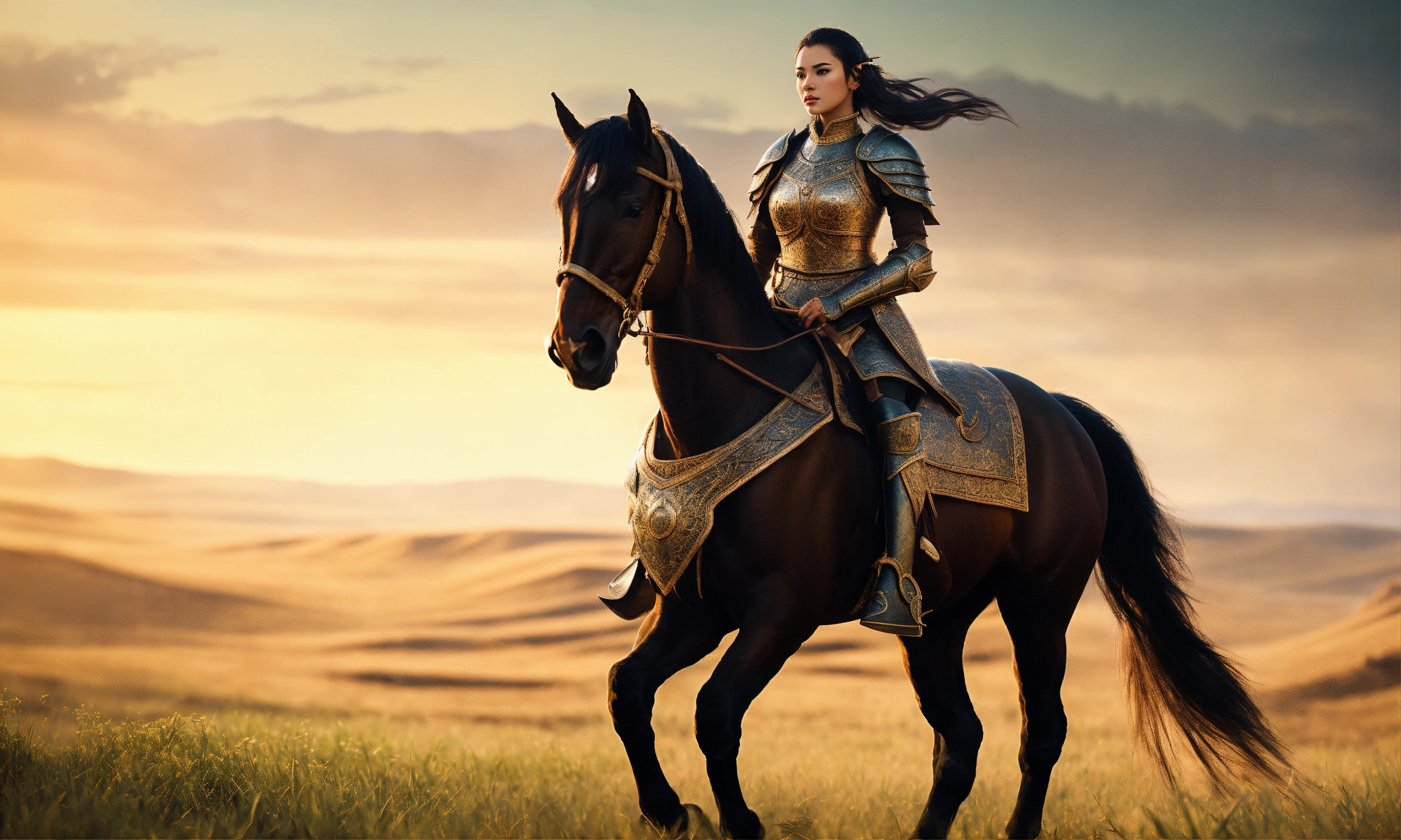 Lexica - Tamerlane female elf armored warrior in medieval style, riding ...