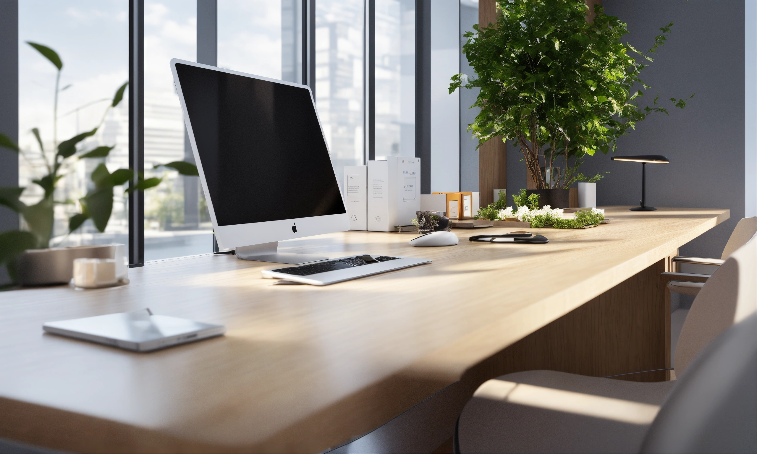 Lexica - White wood office desk, close up, cubic office, computer ...