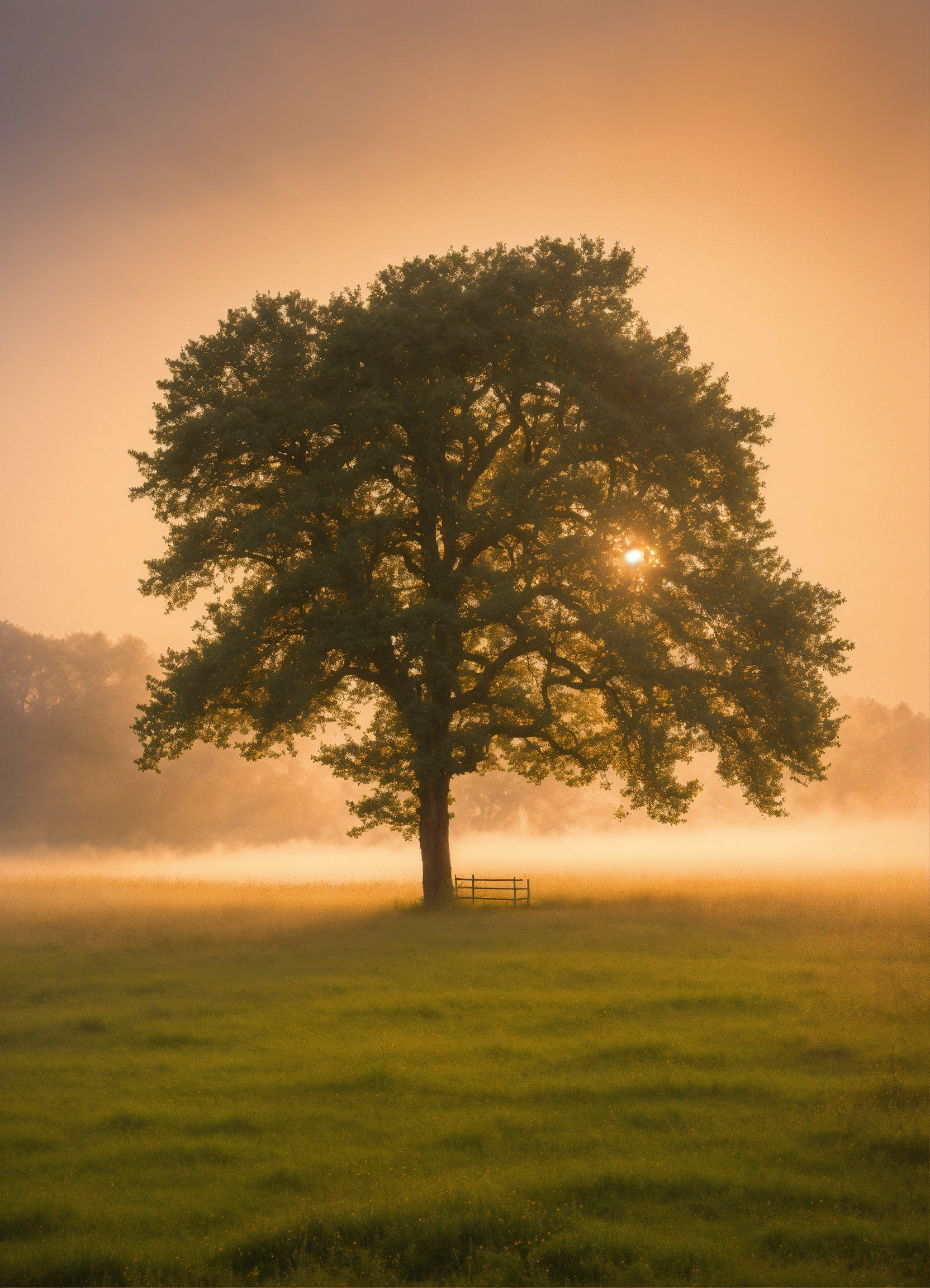 Lexica - A single tree in a meadow covered with morning fog