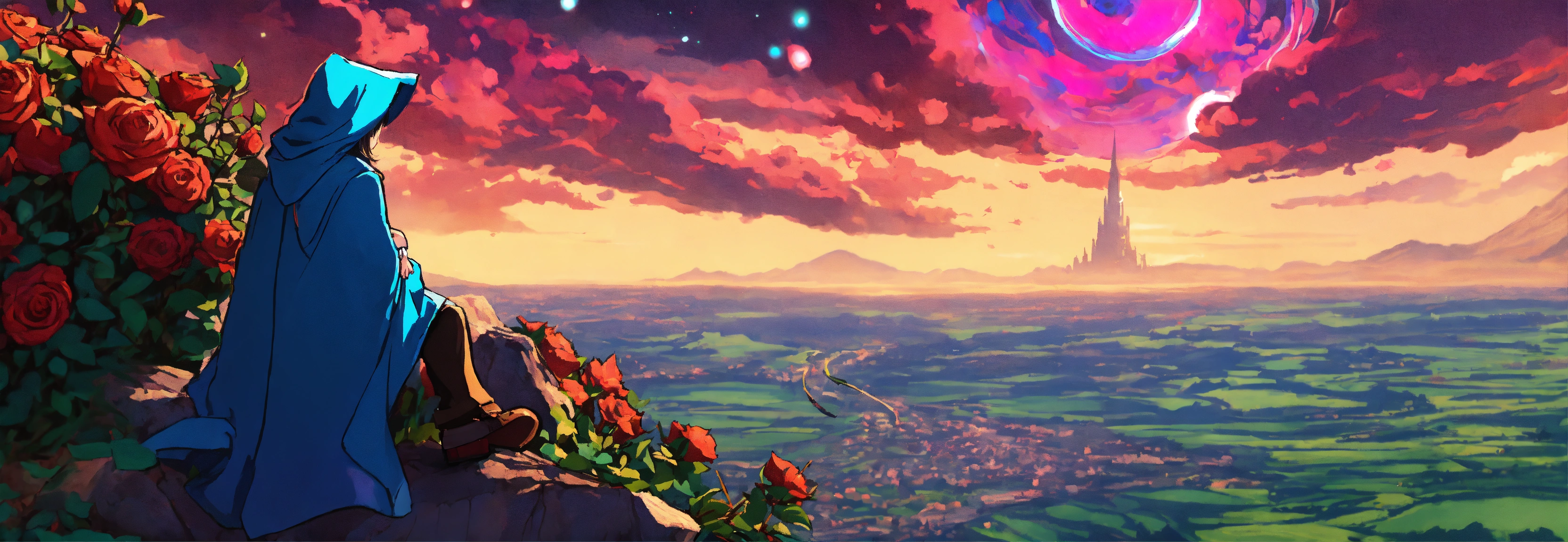 Lexica - Small hooded mage on a cliff gazing over the kingdom of roses ...