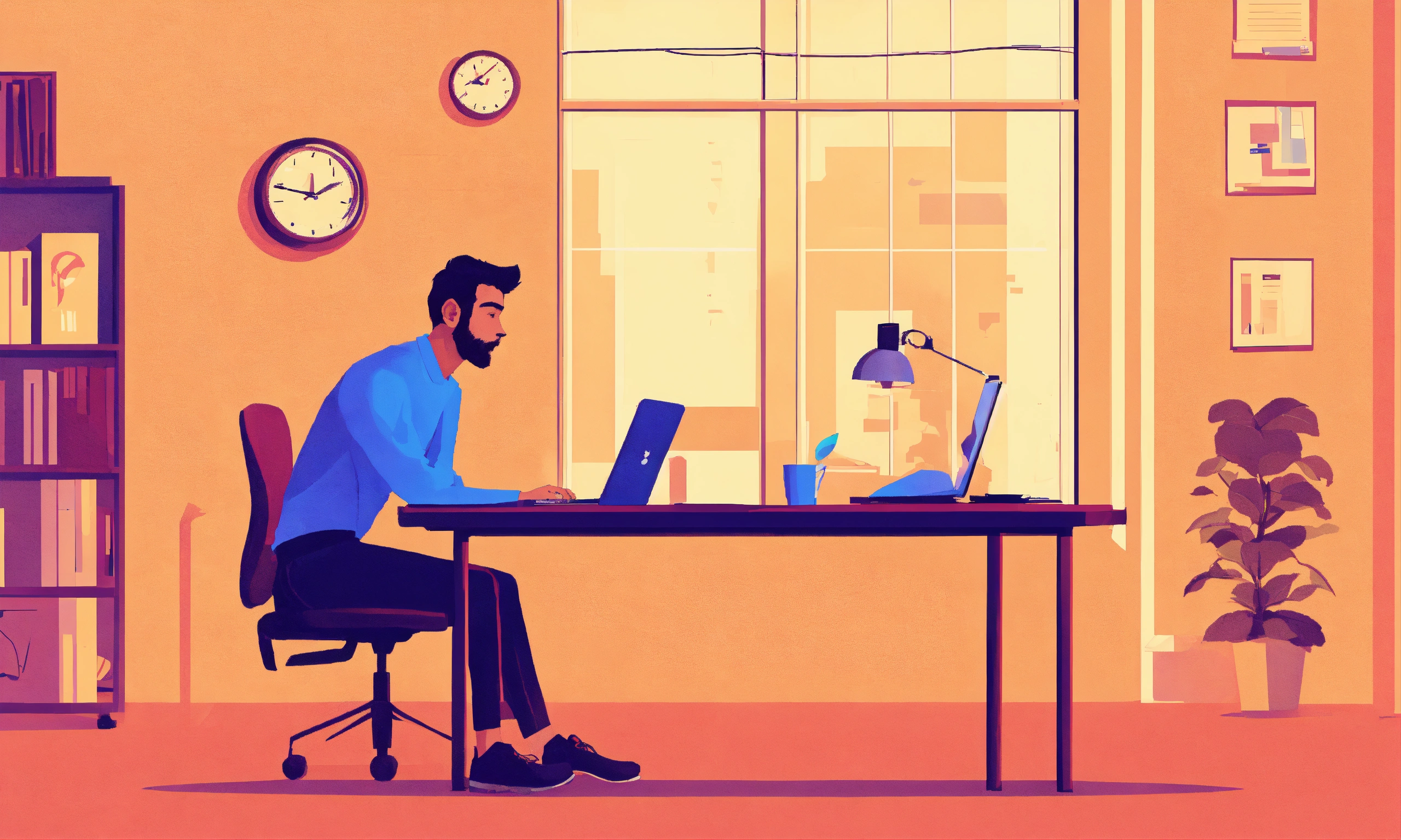 lexica-man-thinking-sitting-in-office-and-typing-on-laptop-illustration