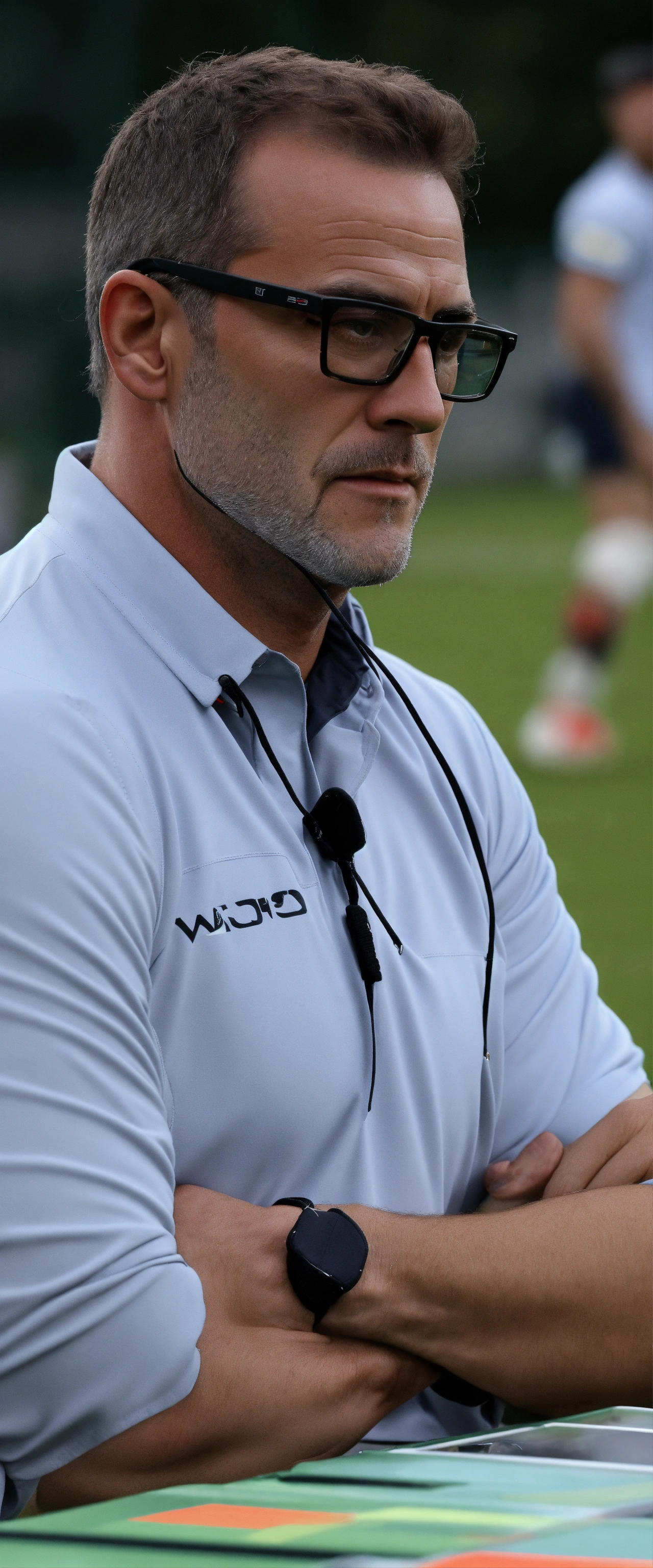 Lexica Portrait of a french rugby coach wearing a pair of oversized