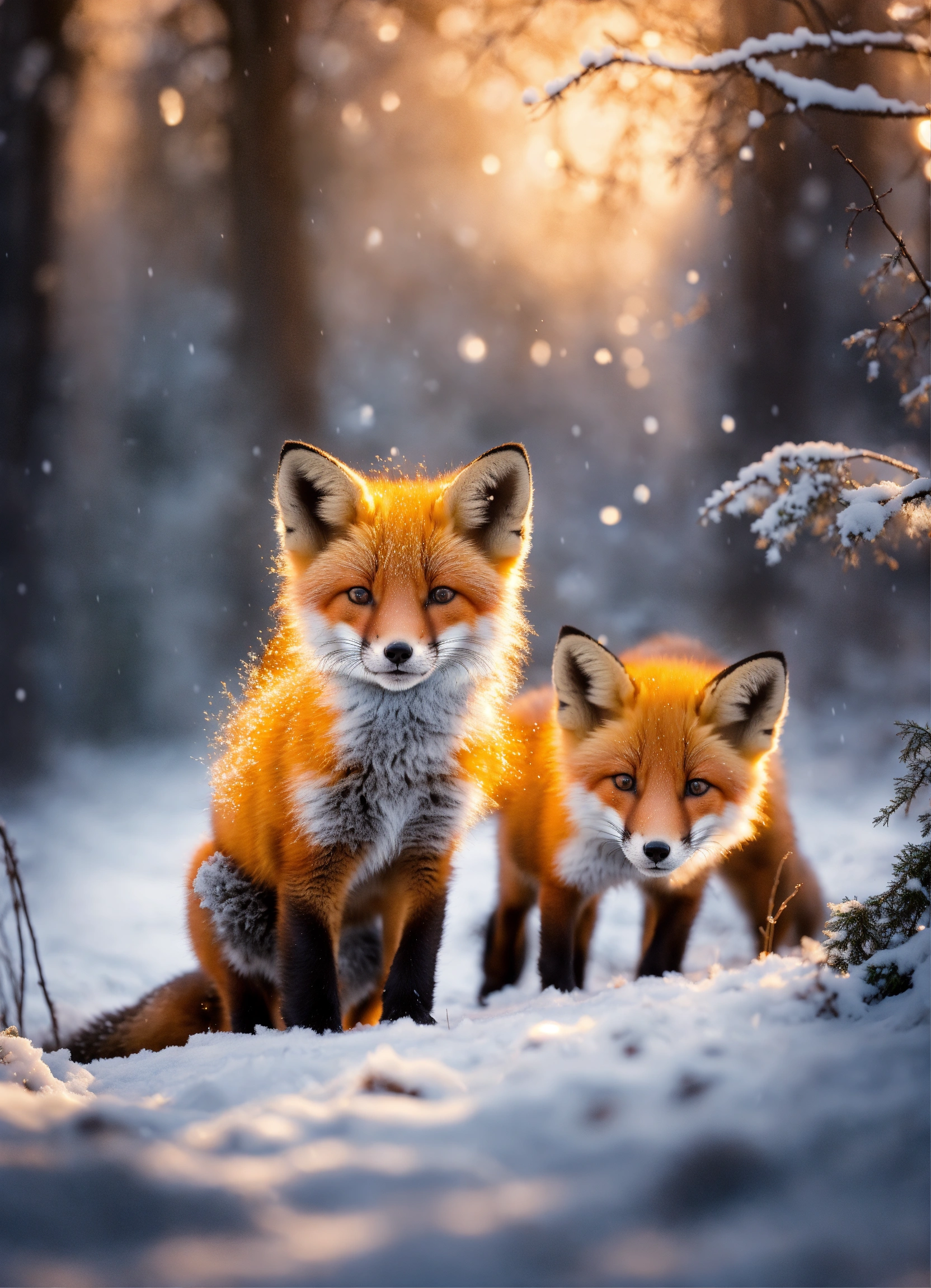 Lexica - Beautiful fox cubs playing in the snow in the moon light in a ...