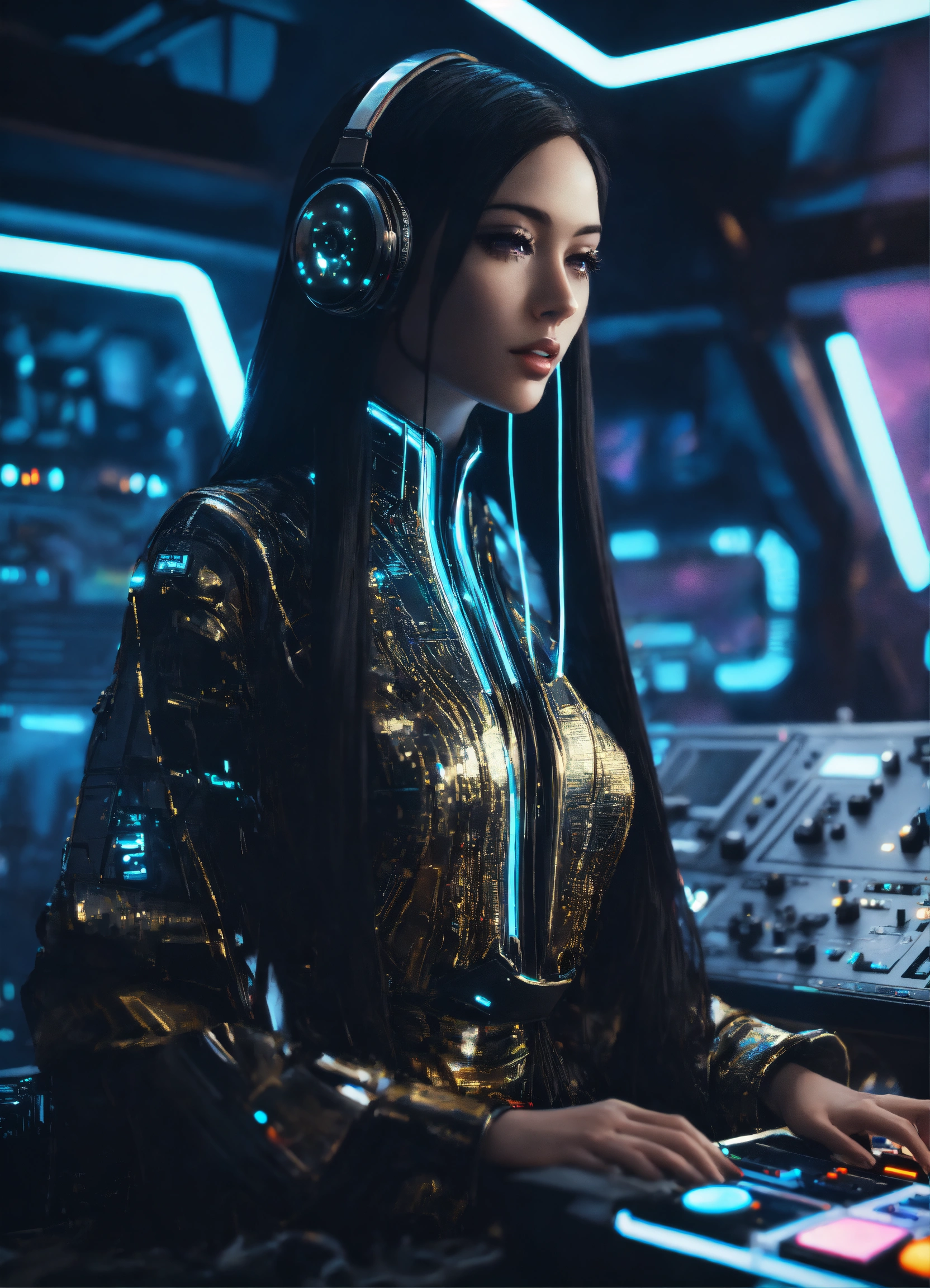 Lexica girl with long straight black hair in futuristic robe with hi