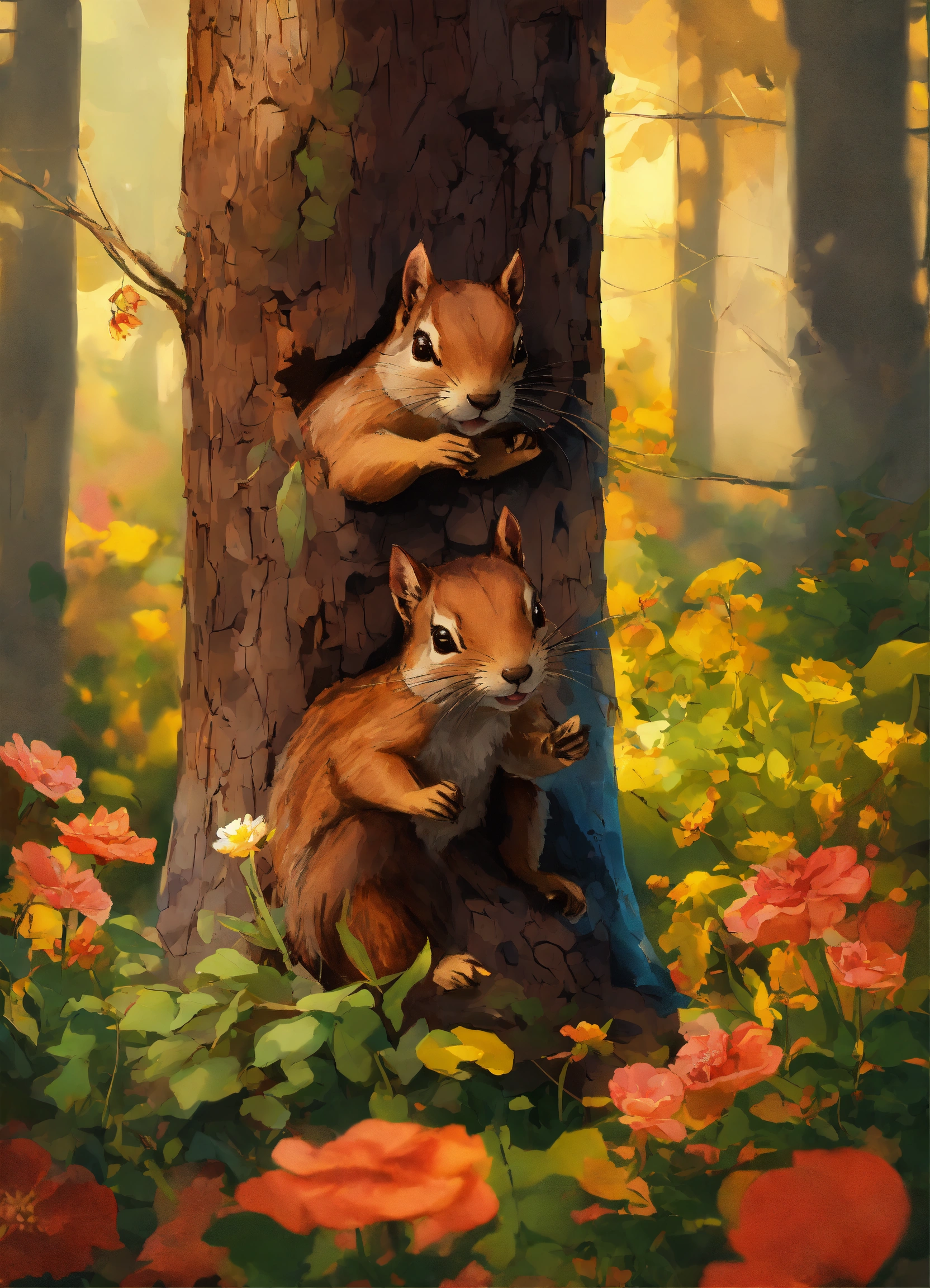 Lexica - Squirrels, taiga, tree trunk, digital art, flowers, ink.