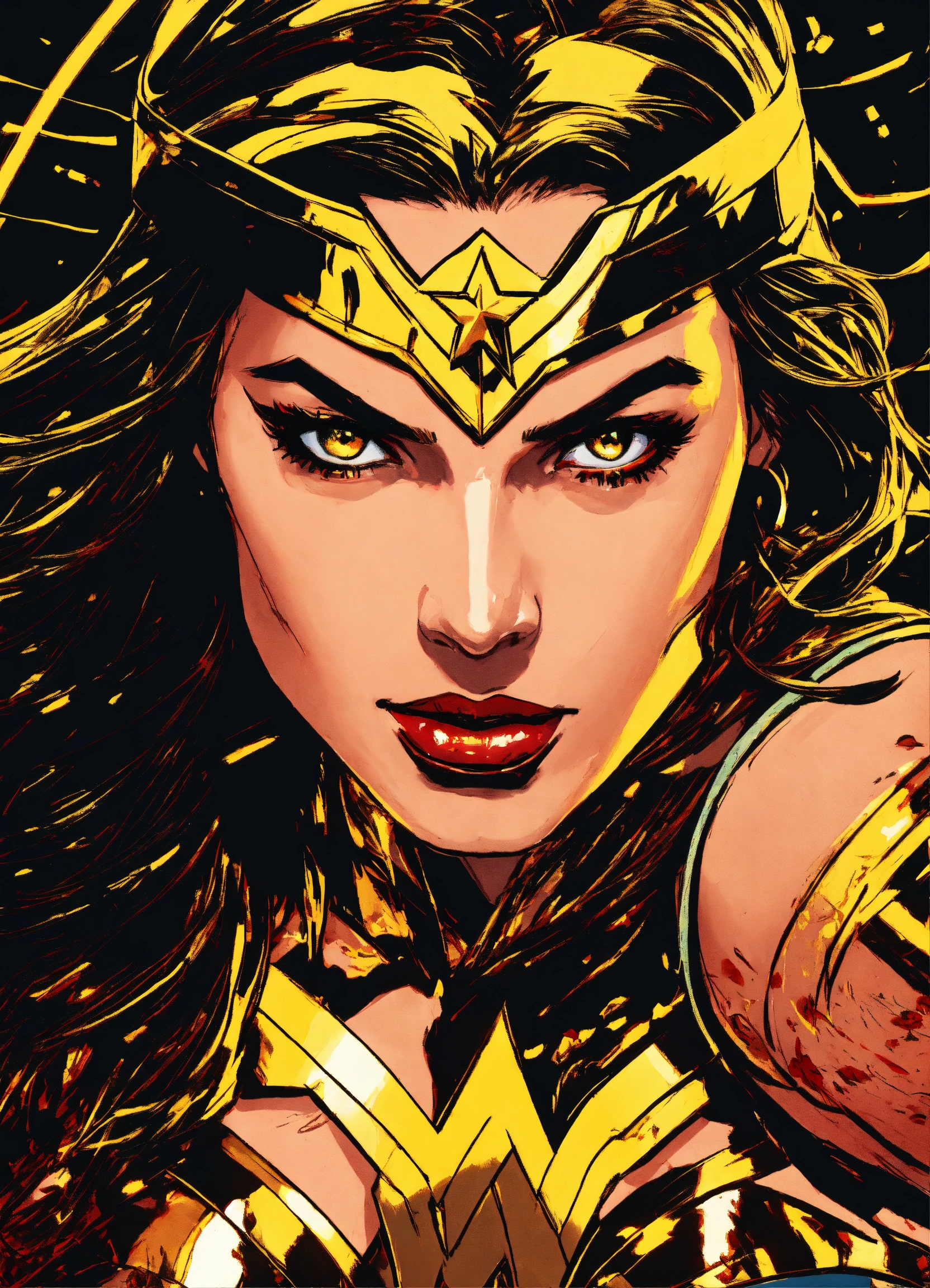 Lexica - Pop Art, Wonder Woman, Action Pose, Glowing Golden Eyes 