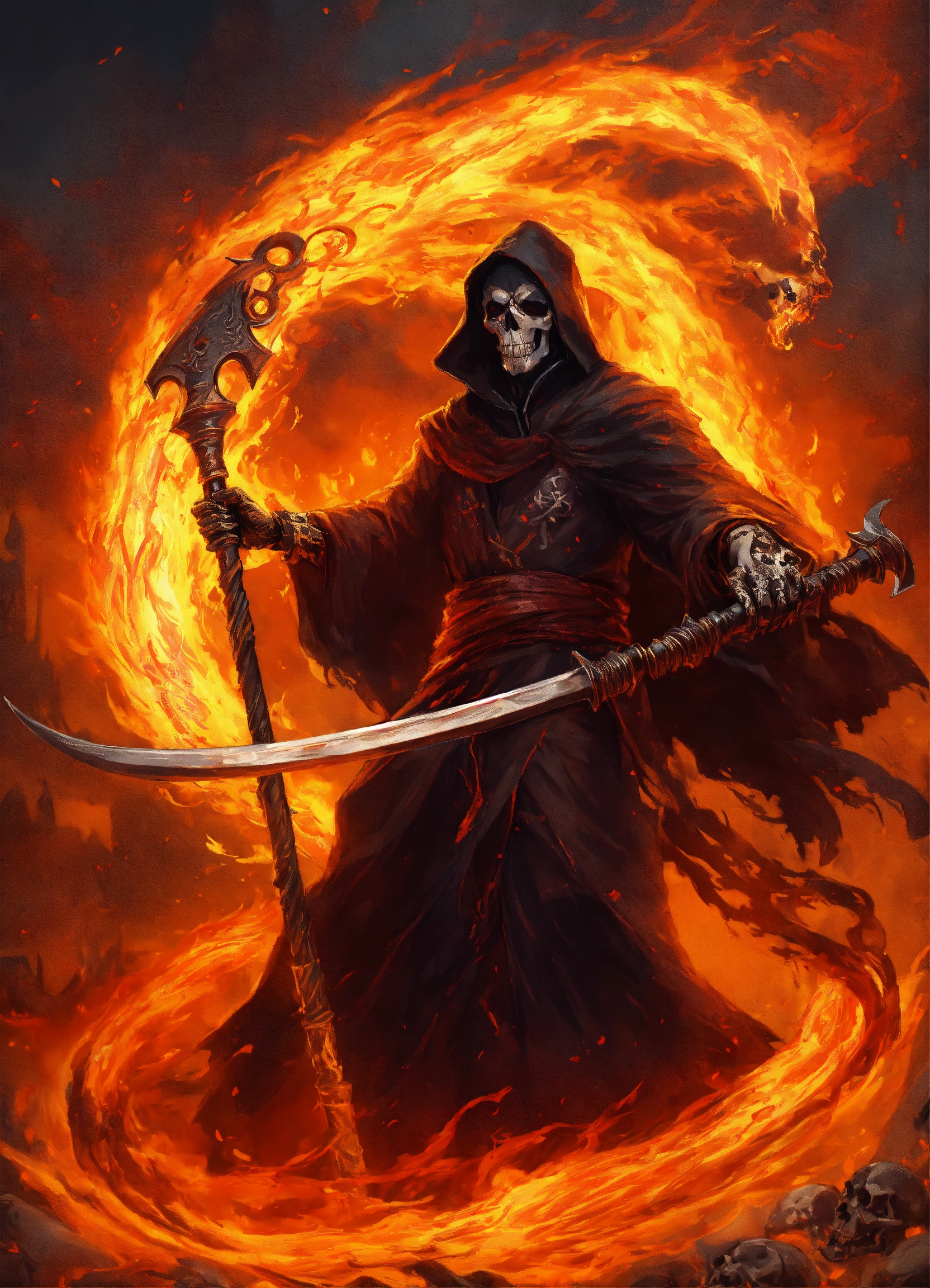 Lexica - Attacking grim reaper with flaming scythe, tattered flowing ...