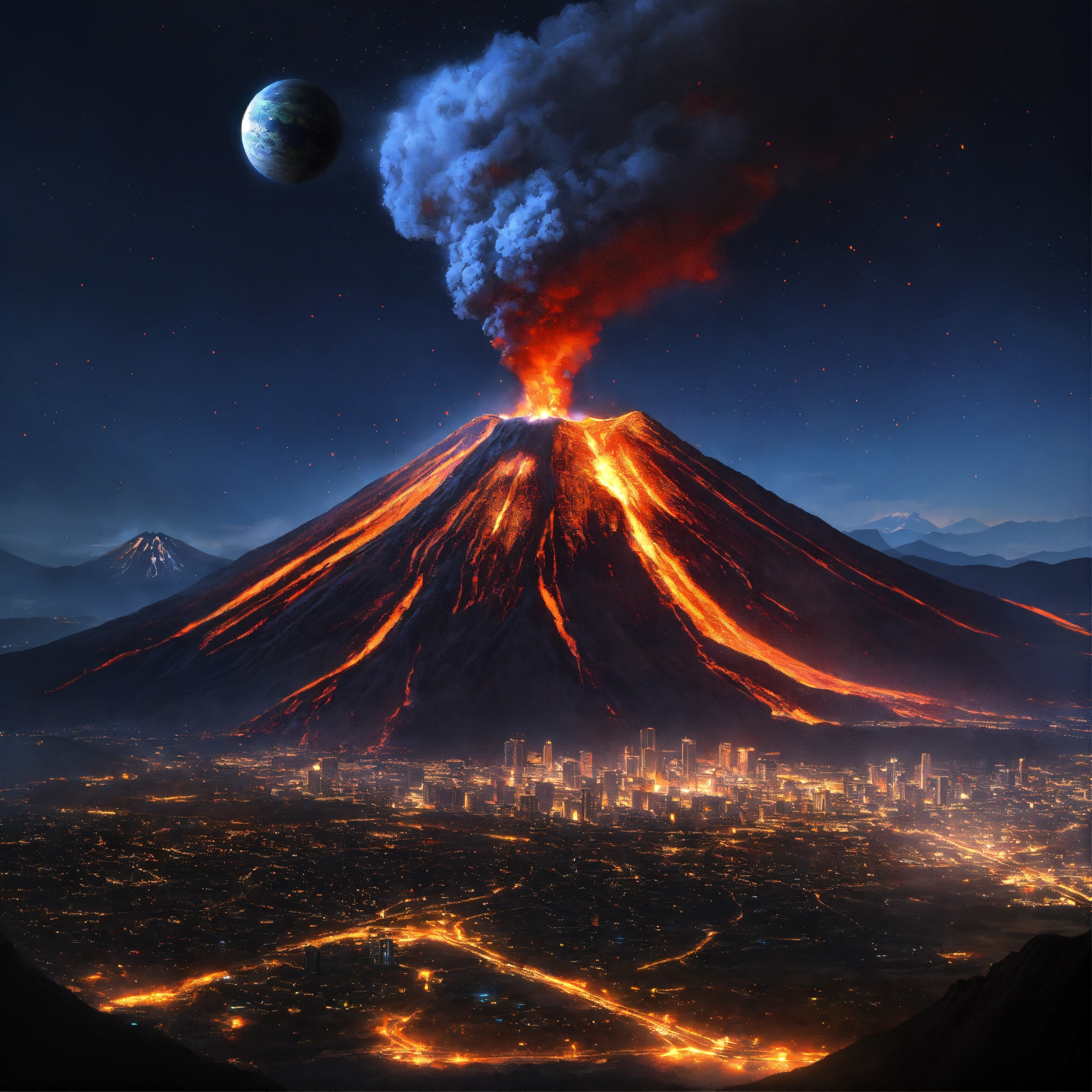 Lexica - Ultra realistic, volcano, big planet in ssky, fire, black ...