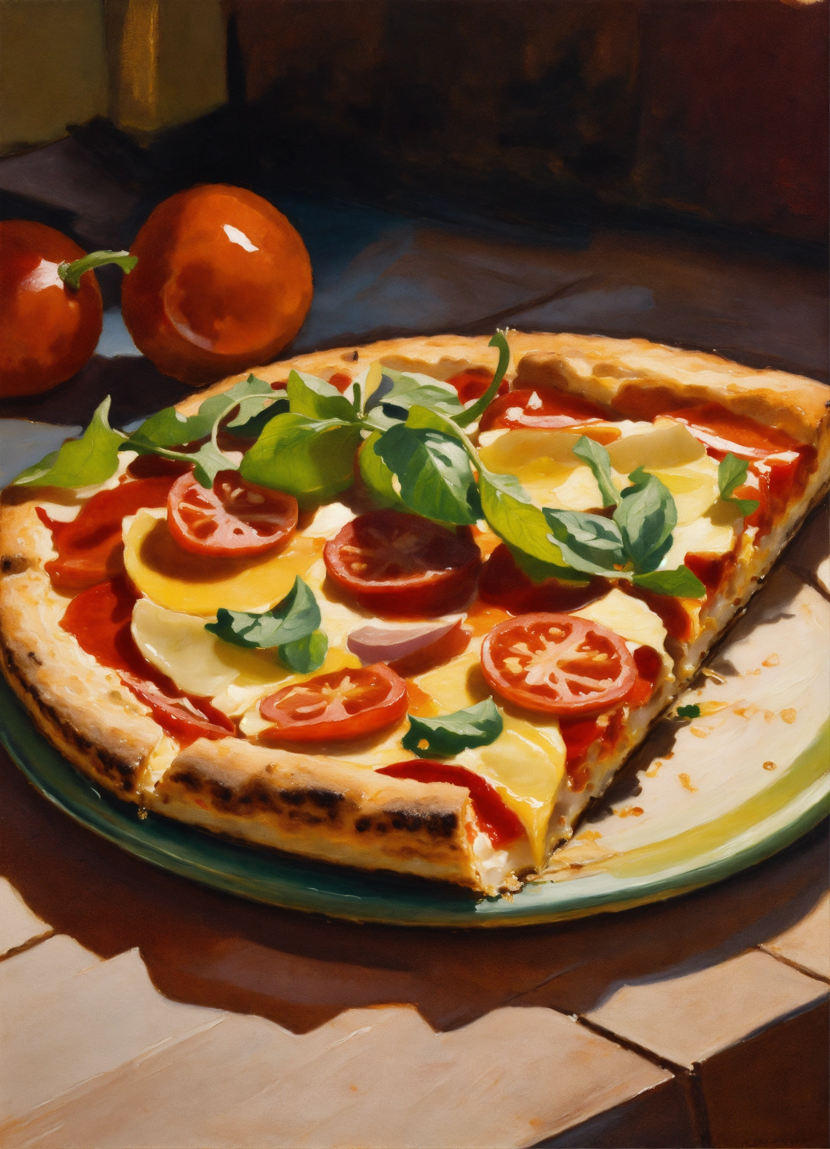 Lexica - Still life oil painting of slice of pizza, in the style of ...